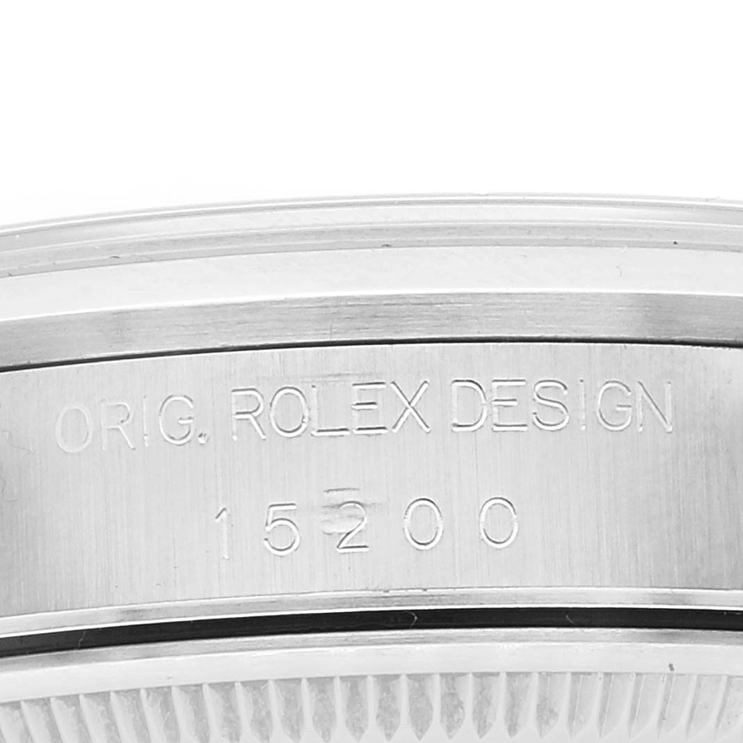 This close-up image shows the side engraving on the case of a Rolex Date 15200 Men
s Stainless Steel Pink Dial 15200 Men
s Stainless Steel Pink Dial model watch, 15200.