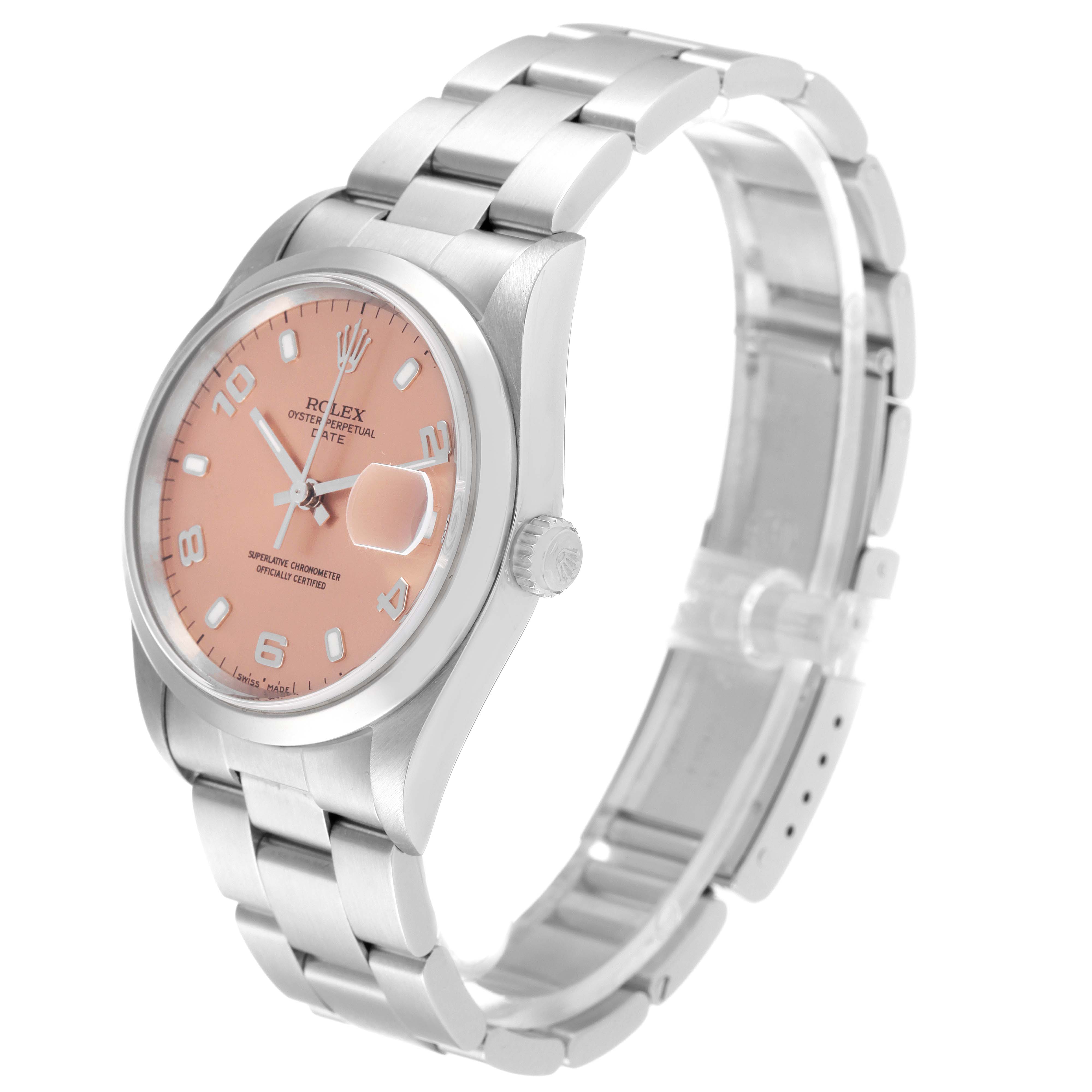 The image shows a Rolex Date 15200 Men
s Stainless Steel Pink Dial 15200 Men
s Stainless Steel Pink Dial watch with a pink dial, silver hour markers, and a stainless steel bracelet at a slight side angle.