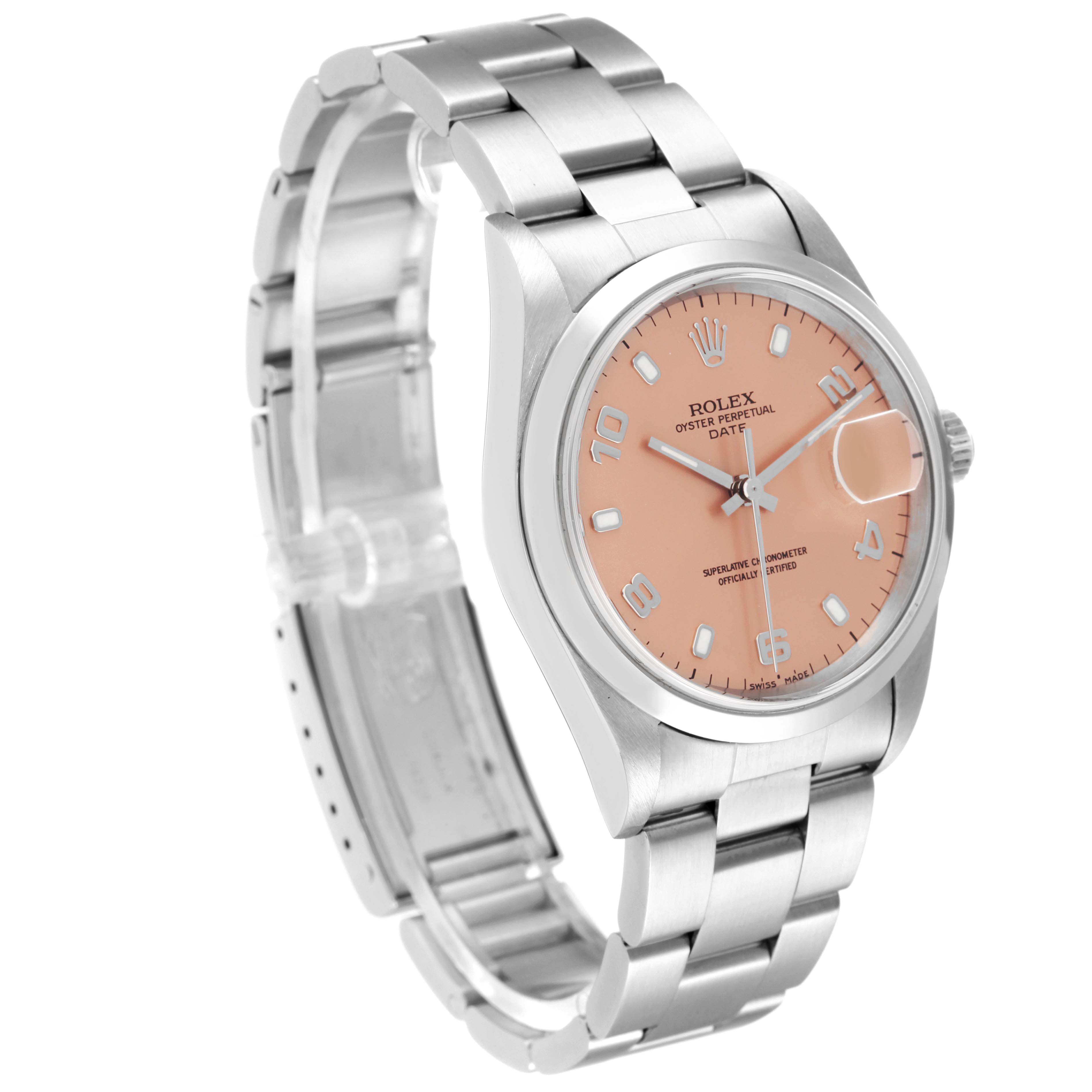 The image shows a Rolex Date 15200 Men
s Stainless Steel Pink Dial 15200 Men
s Stainless Steel Pink Dial model watch angled to display its face, bracelet, and clasp.