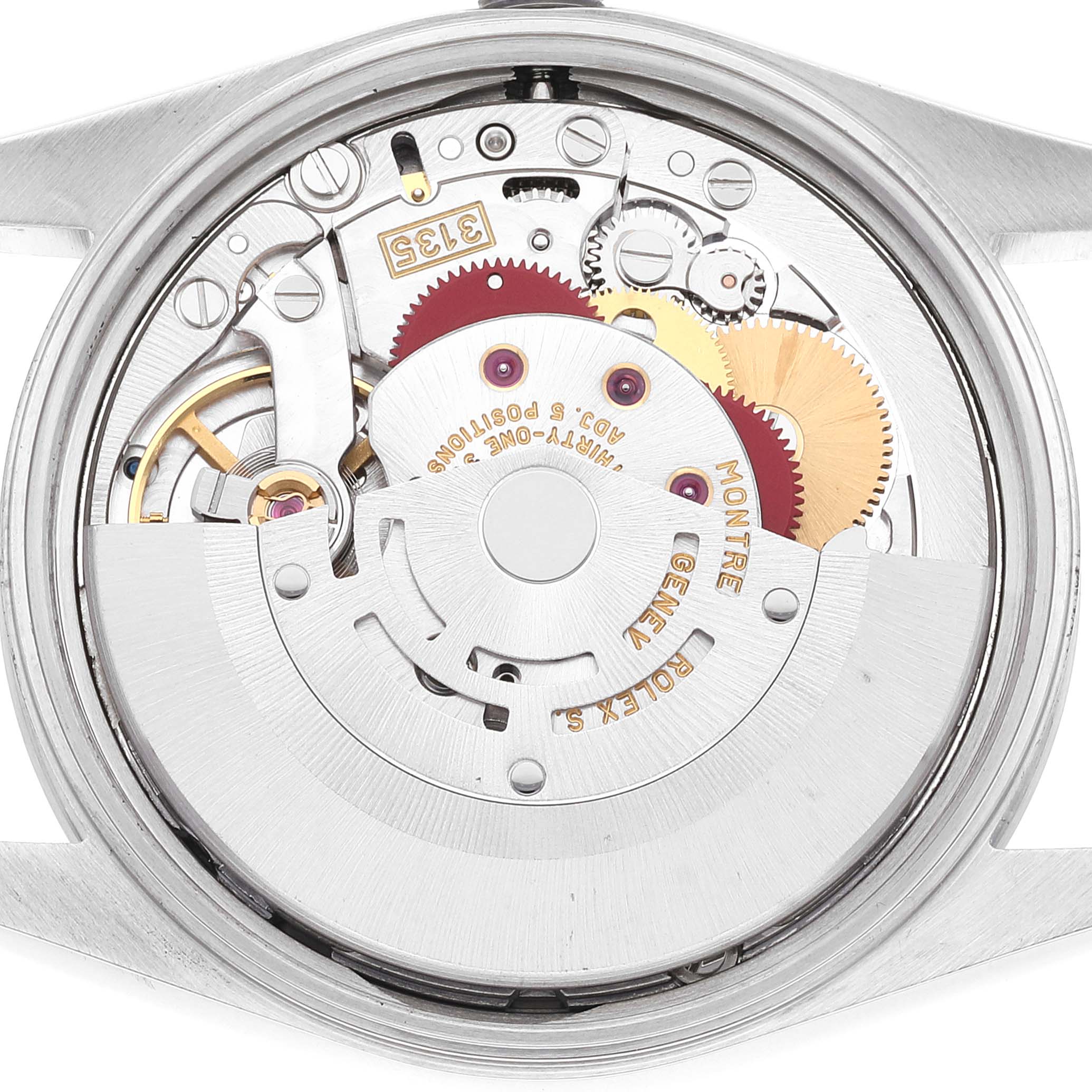 This image shows the internal mechanical movement of a Rolex Date 15200 Men
s Stainless Steel Pink Dial 15200 Men
s Stainless Steel Pink Dial model watch, viewed from the back.