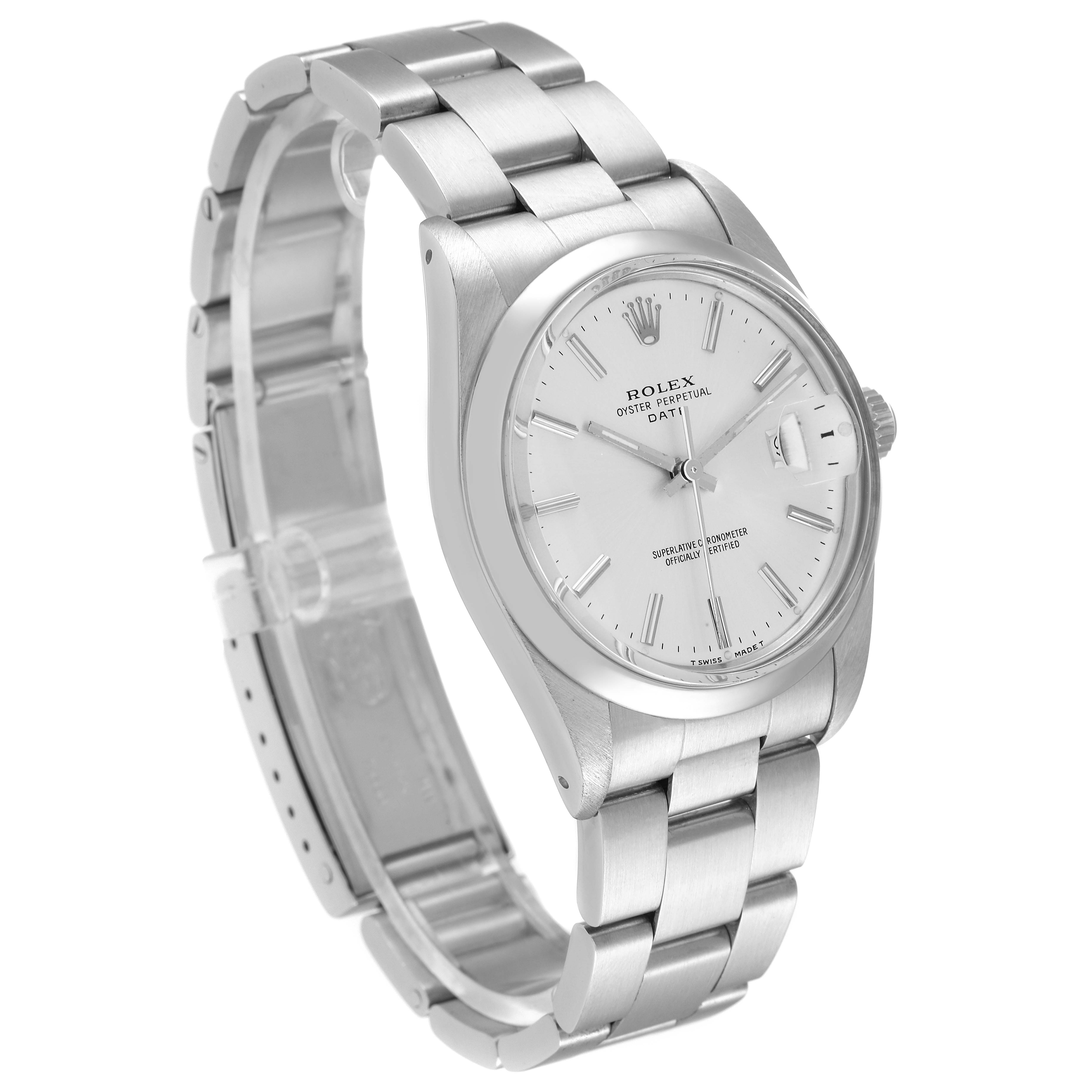 The Rolex Oyster Perpetual Date model watch is shown at an angle highlighting the face, case, and bracelet.