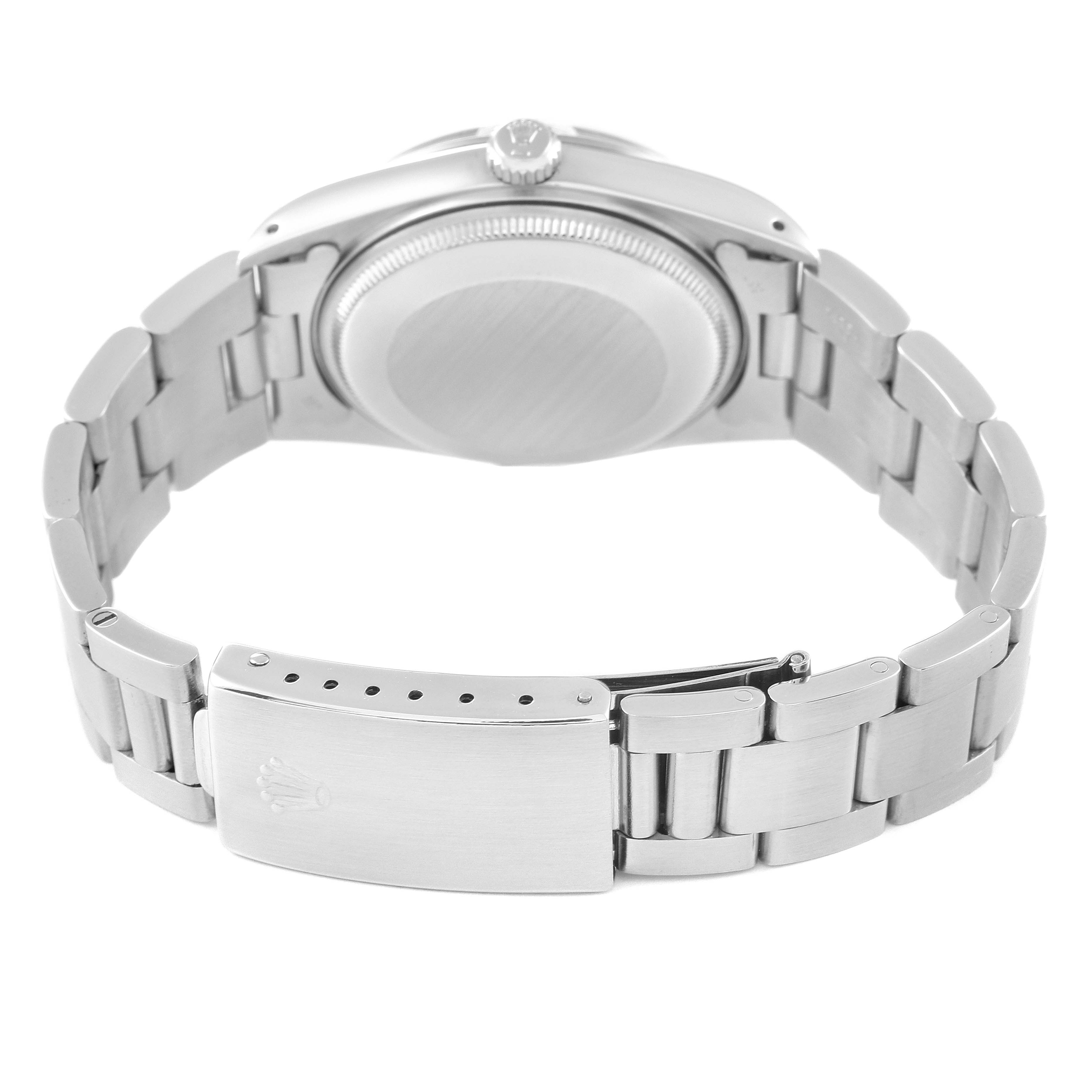 The image shows the back view of a Rolex Date 15000 Men
s Stainless Steel Silver Dial 15000 Men
s Stainless Steel Silver Dial model watch, focusing on the clasp and case back.