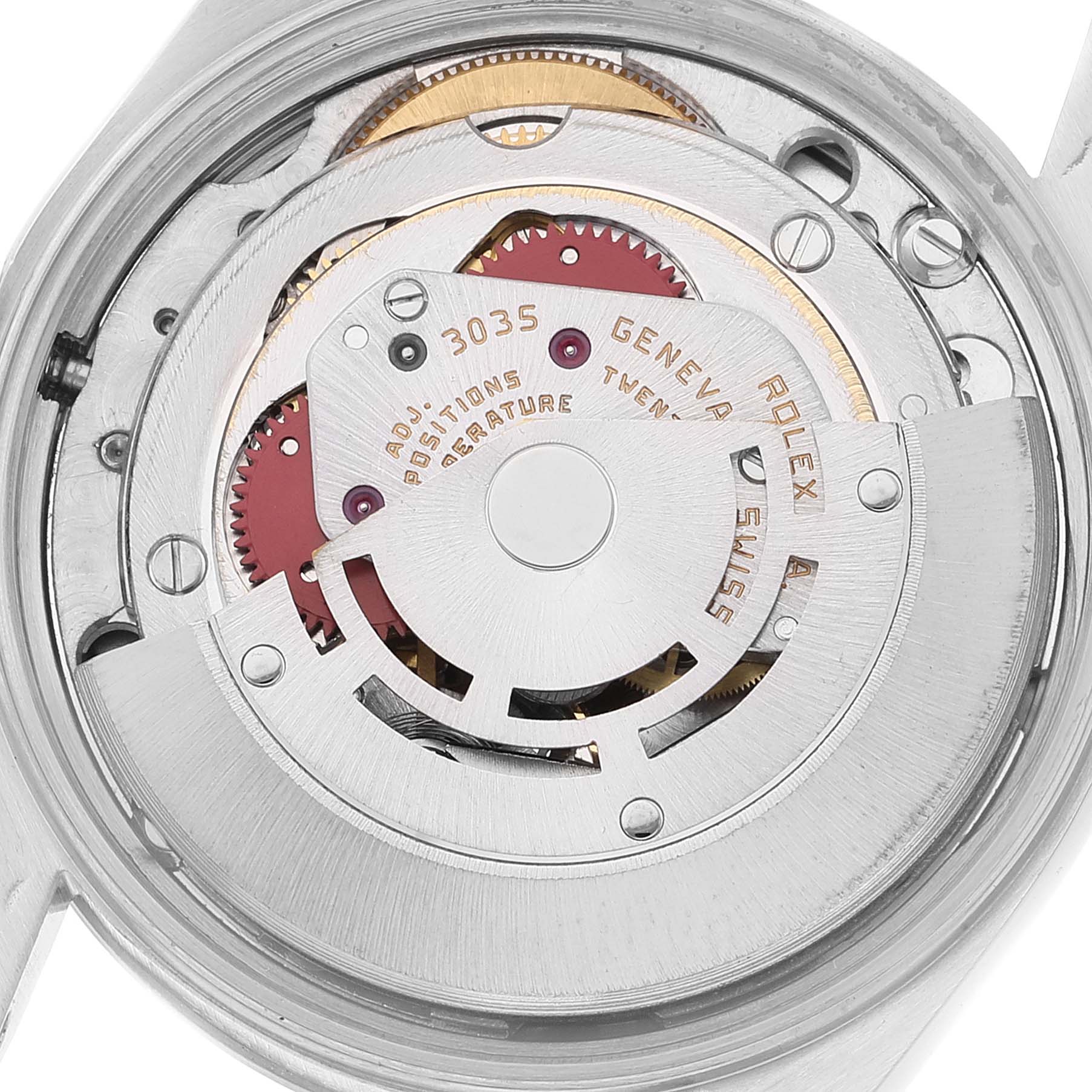 This image shows the inner movement mechanisms of the Rolex Date 15000 Men
s Stainless Steel Silver Dial 15000 Men
s Stainless Steel Silver Dial model watch from a back angle.