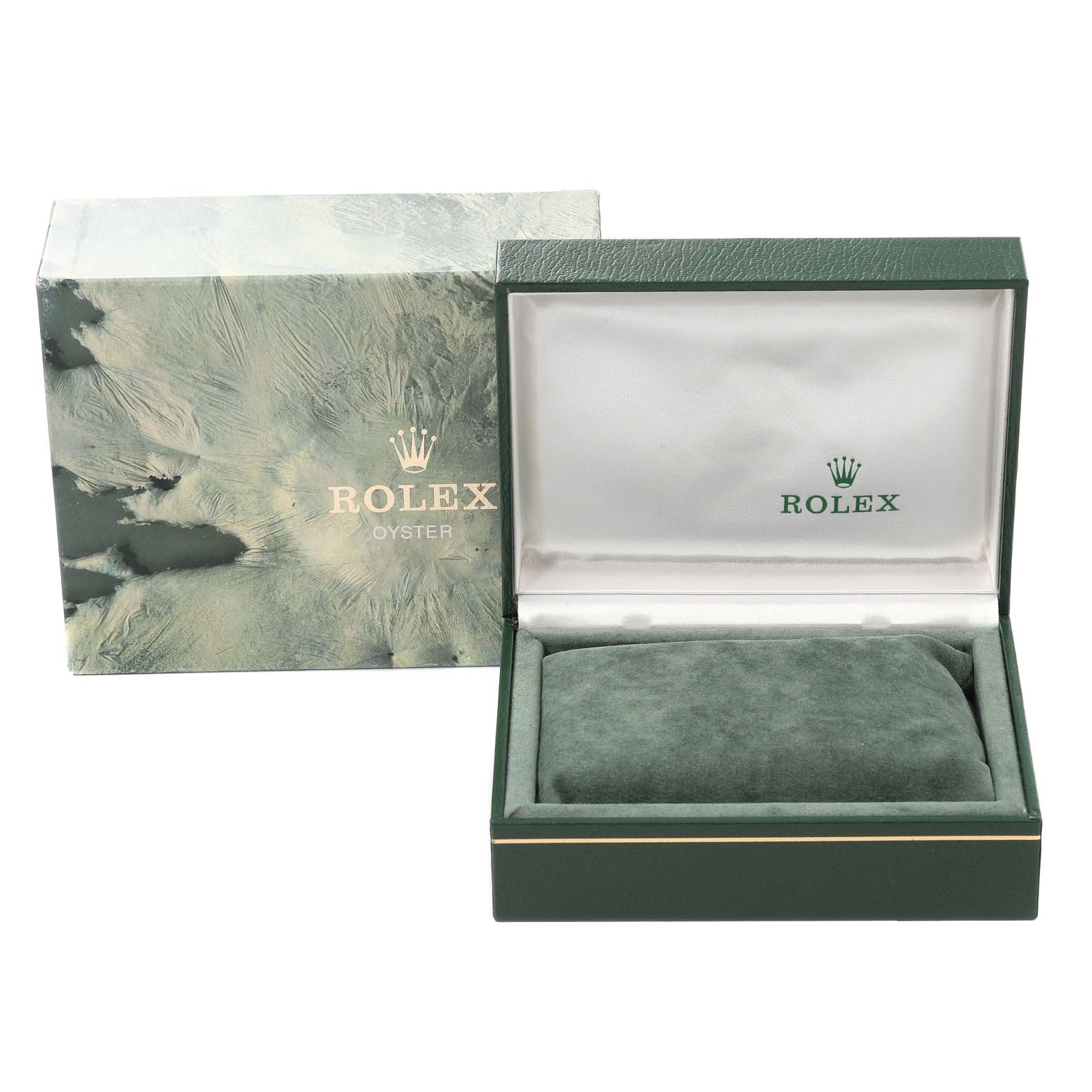 The image shows a Rolex Date 15000 Men
s Stainless Steel Silver Dial 15000 Men
s Stainless Steel Silver Dial model watch box, including an outer box and a cushioned interior.