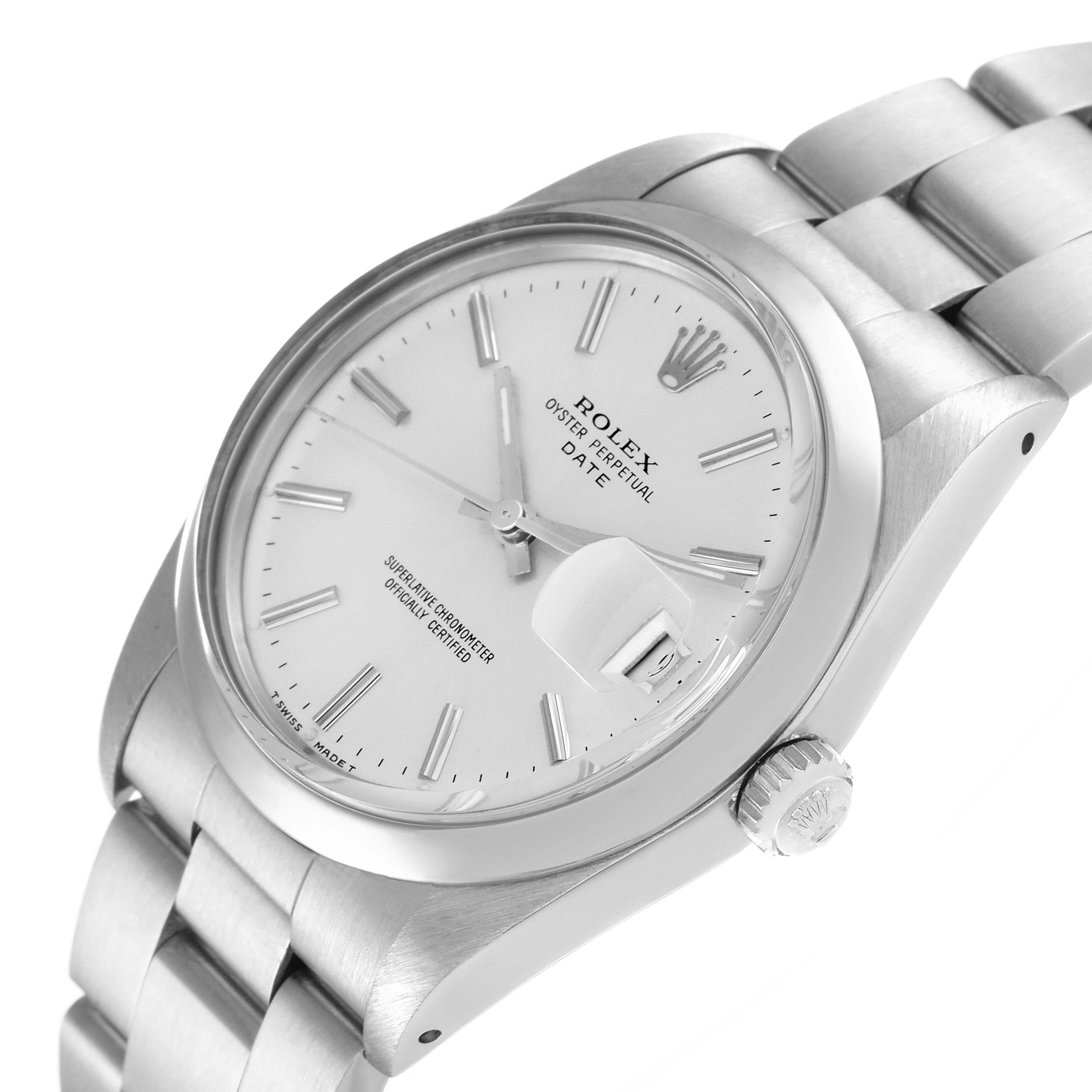The image shows a Rolex Date 15000 Men
s Stainless Steel Silver Dial 15000 Men
s Stainless Steel Silver Dial model watch from an angled side view, highlighting its face, bezel, crown, and part of the bracelet.