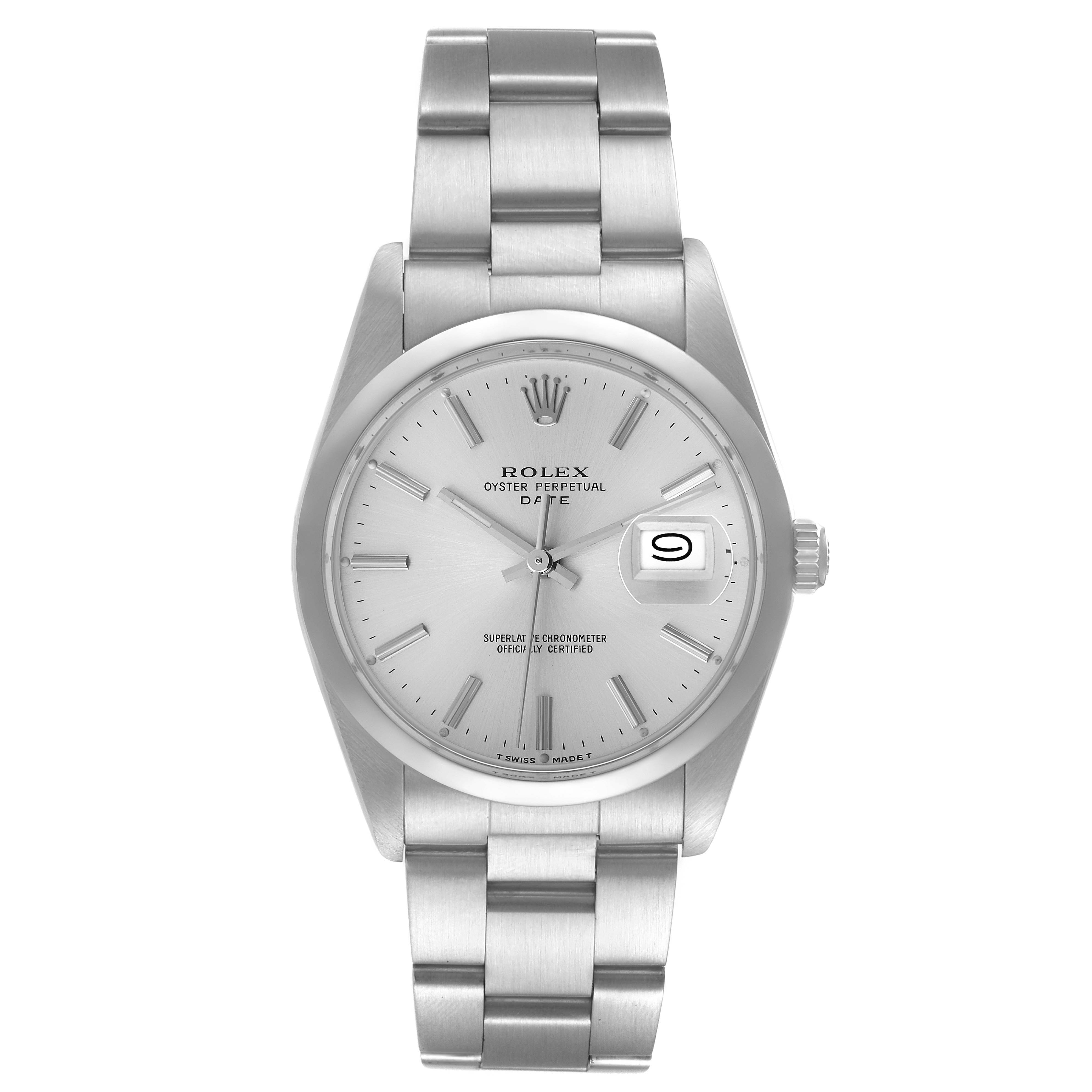 The image shows a front view of the Rolex Oyster Perpetual Date watch, highlighting its dial, hands, date window, and stainless steel bracelet.