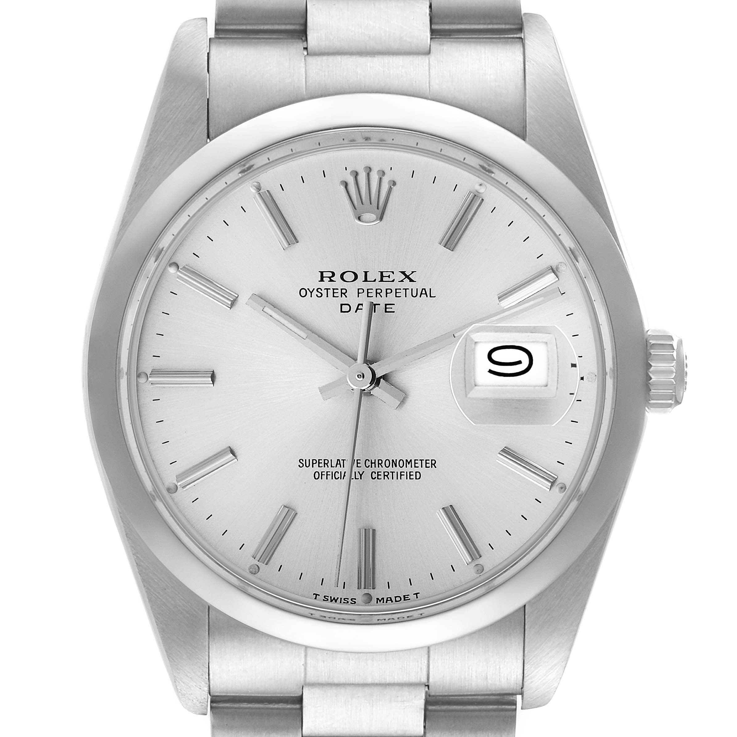 The image shows a front view of the Rolex Date 15000 Men
s Stainless Steel Silver Dial 15000 Men
s Stainless Steel Silver Dial model watch, displaying its dial, hands, date window, and part of the stainless steel bracelet.
