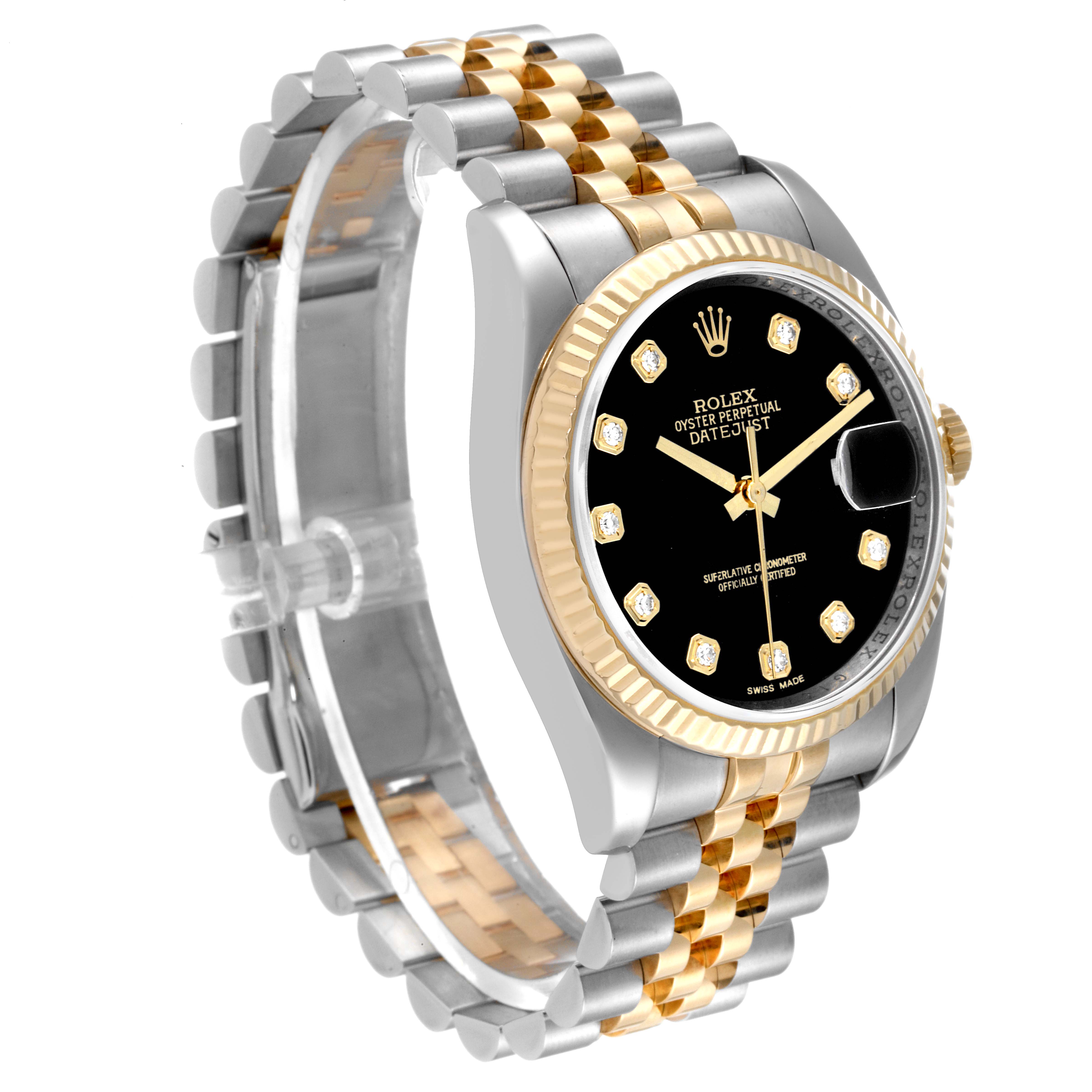 The Rolex Datejust 116233 Men's Steel and Gold (two tone) Black Dial 116233 Men's Steel and Gold (two tone) Black Dial watch is shown at a slight angle, displaying its two-tone bracelet, dial, and fluted bezel.