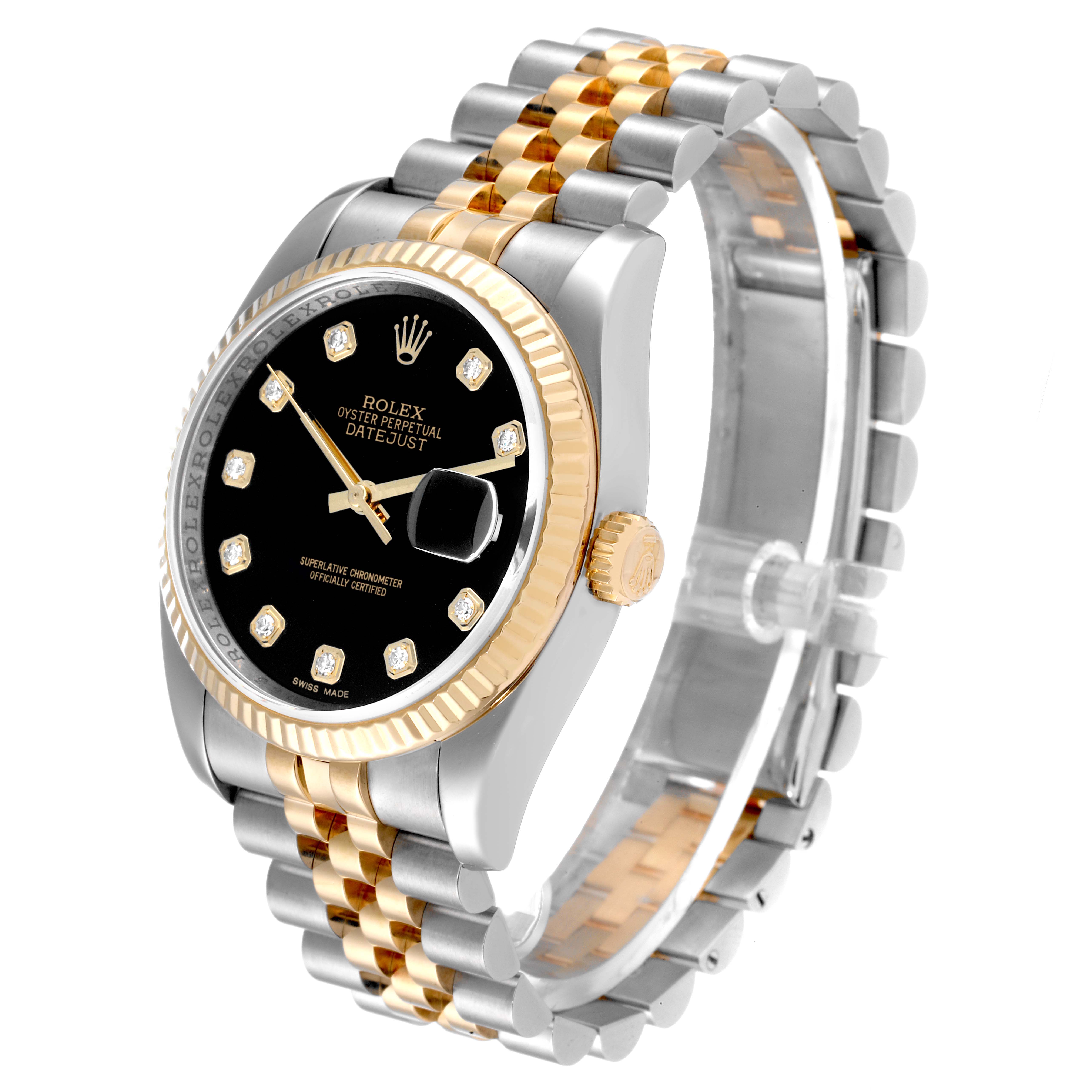 The image shows a Rolex Datejust 116233 Men's Steel and Gold (two tone) Black Dial 116233 Men's Steel and Gold (two tone) Black Dial watch at a three-quarter angle, highlighting its black dial, date window, diamond hour markers, and two-tone bracelet.