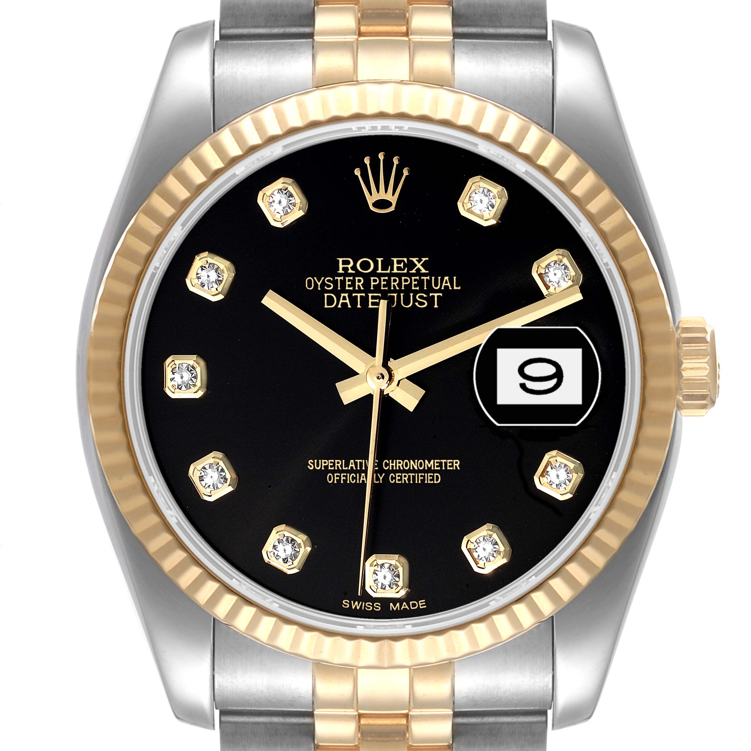 This image shows a Rolex Datejust 116233 Men's Steel and Gold (two tone) Black Dial 116233 Men's Steel and Gold (two tone) Black Dial watch face straight-on, highlighting its black dial, gold hour markers, and date window.