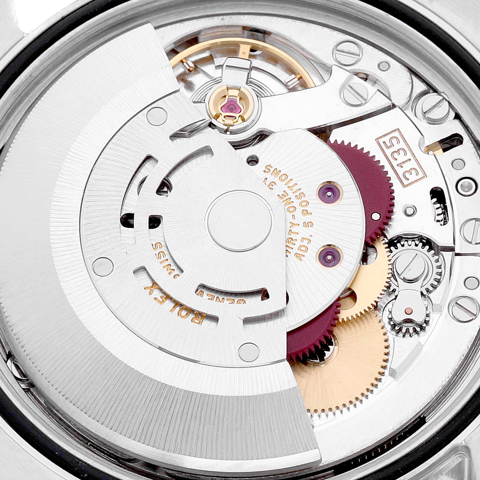 This image shows a close-up of the movement mechanism of a Rolex Datejust 116233 Men's Steel and Gold (two tone) Black Dial 116233 Men's Steel and Gold (two tone) Black Dial watch.