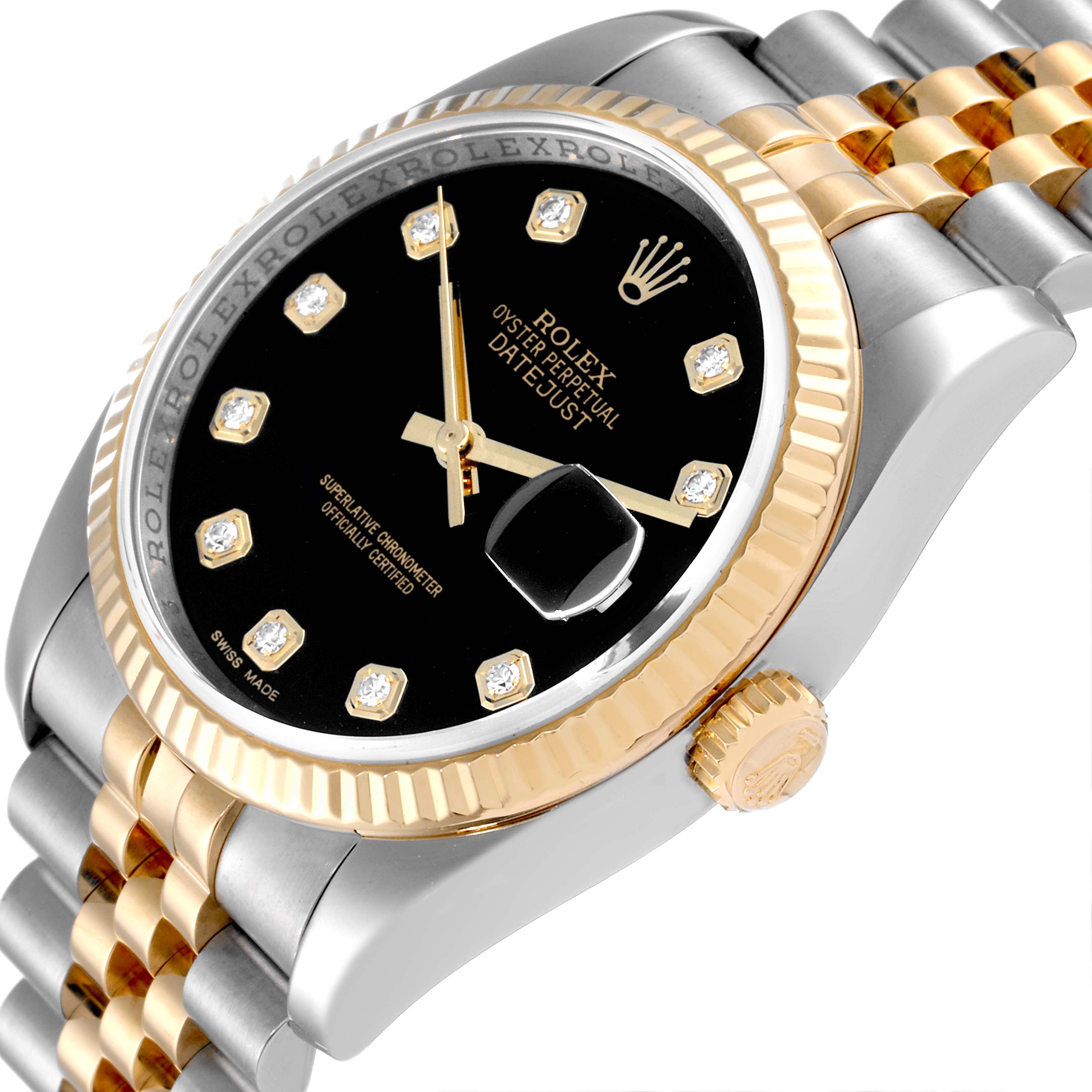 The image shows a side angle of the Rolex Datejust 116233 Men's Steel and Gold (two tone) Black Dial 116233 Men's Steel and Gold (two tone) Black Dial, displaying its black dial, diamond hour markers, and two-tone bracelet.