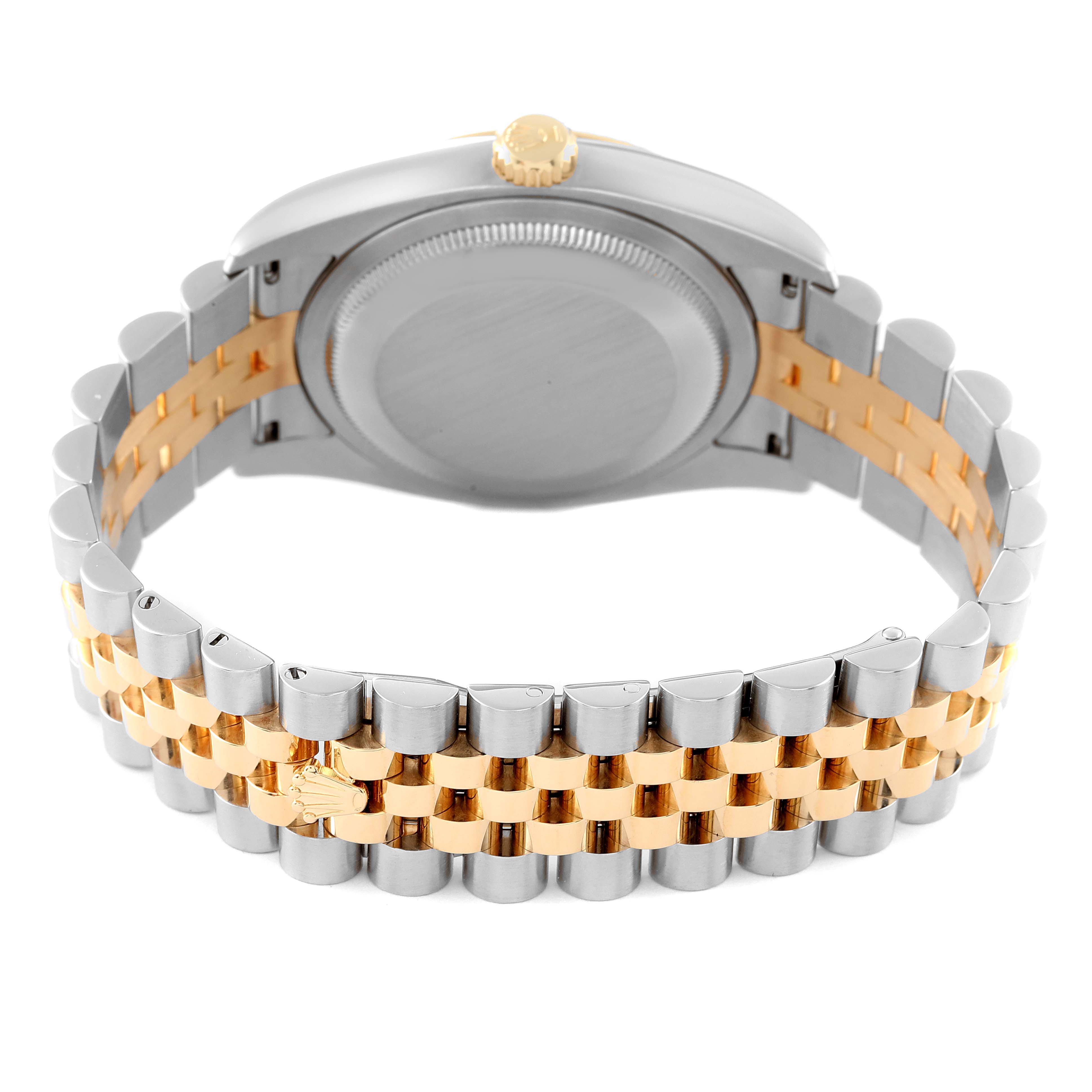 The image shows the back view of a Rolex Datejust 116233 Men's Steel and Gold (two tone) Black Dial 116233 Men's Steel and Gold (two tone) Black Dial watch, highlighting its two-tone bracelet and the back of the case.