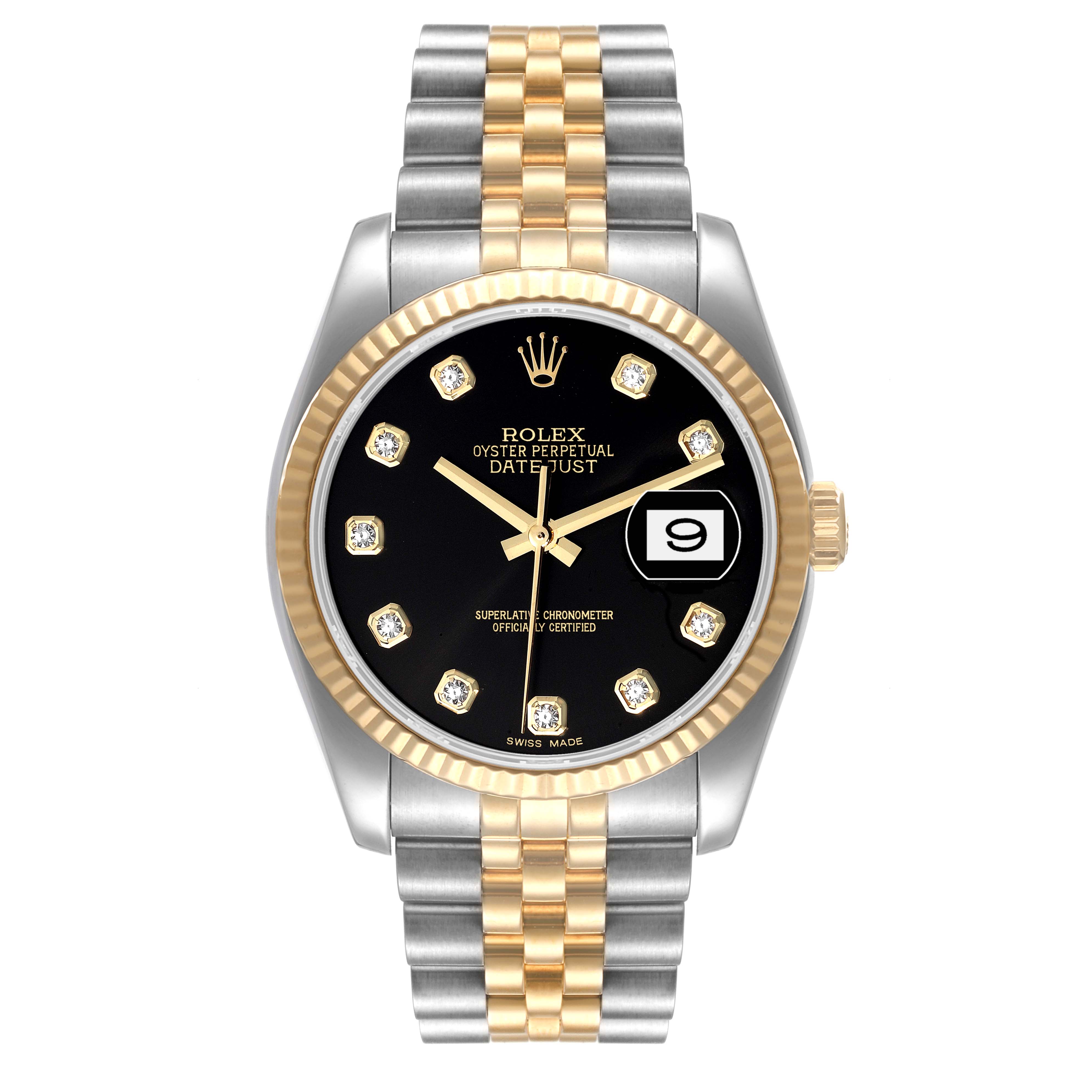 The image shows a frontal view of a Rolex Datejust 116233 Men's Steel and Gold (two tone) Black Dial 116233 Men's Steel and Gold (two tone) Black Dial watch, highlighting the black dial, date window, and two-tone bracelet.