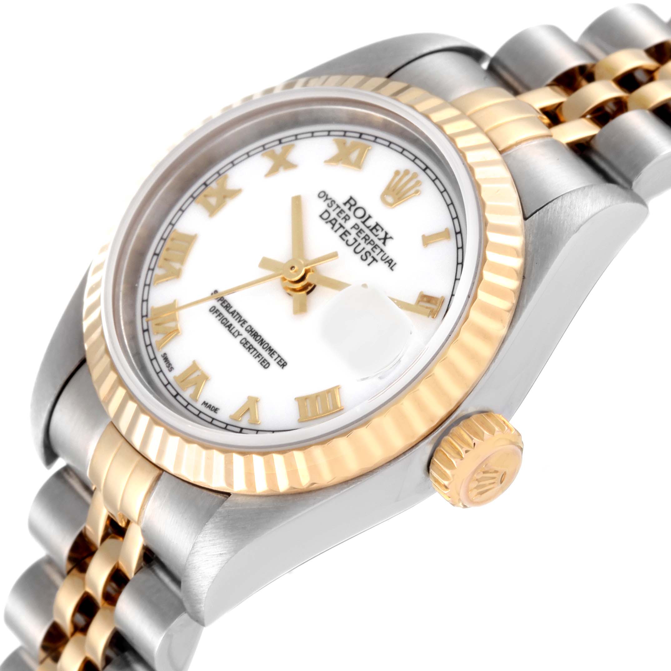 The image shows a Rolex Datejust 79173 Women's Steel and Gold (two tone) White Dial 79173 Women's Steel and Gold (two tone) White Dial watch at an angled side view, highlighting the bezel, crown, and part of the dial and bracelet.