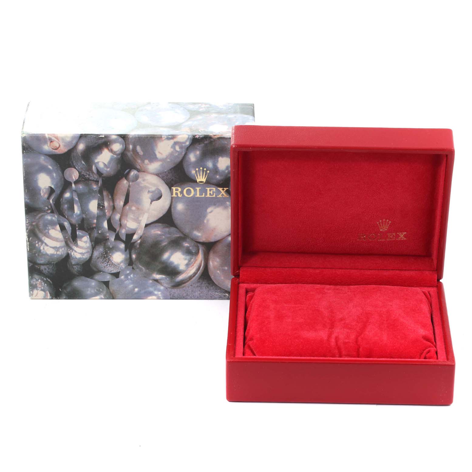 The image shows a red Rolex Datejust 79173 Women's Steel and Gold (two tone) White Dial 79173 Women's Steel and Gold (two tone) White Dial watch box and outer packaging from a front angle.