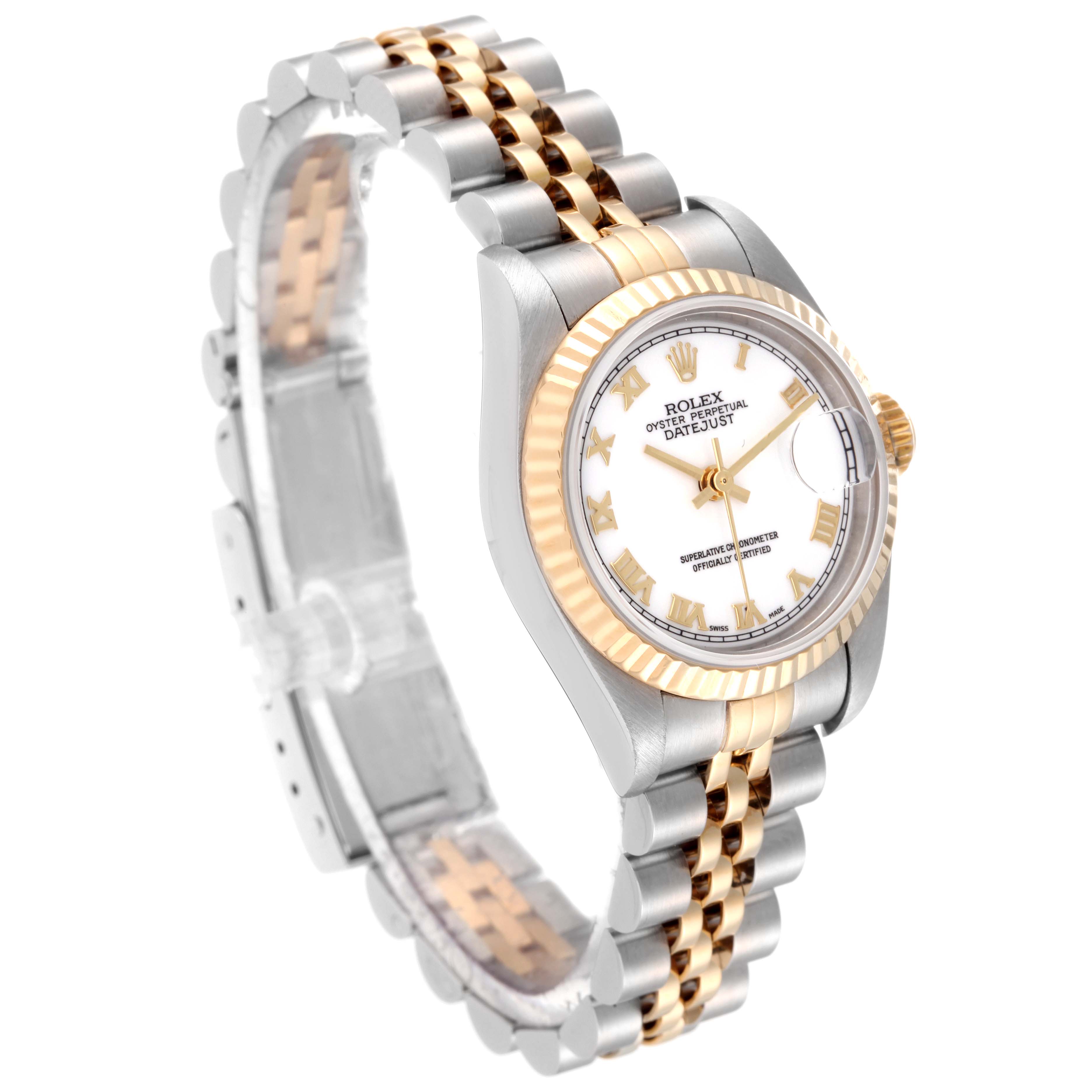 This image shows a Rolex Datejust 79173 Women's Steel and Gold (two tone) White Dial 79173 Women's Steel and Gold (two tone) White Dial watch at an oblique angle, showcasing its face, bezel, and two-tone bracelet.