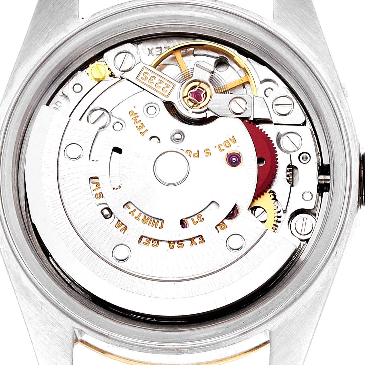 This image shows the internal mechanism of a Rolex Datejust 79173 Women's Steel and Gold (two tone) White Dial 79173 Women's Steel and Gold (two tone) White Dial watch from a top-down angle, highlighting the movement components.