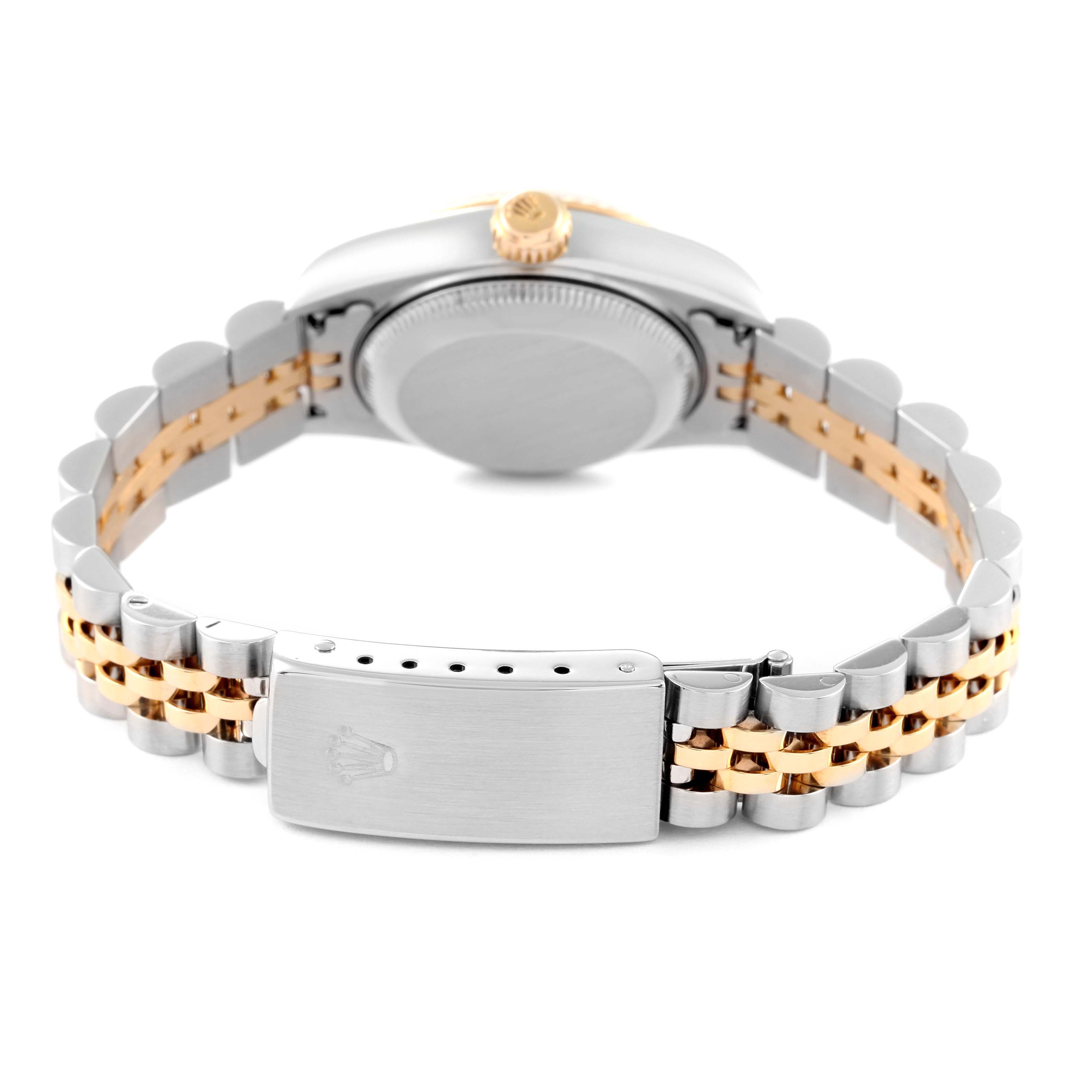 This image shows the back view of a Rolex Datejust 79173 Women's Steel and Gold (two tone) White Dial 79173 Women's Steel and Gold (two tone) White Dial watch, highlighting its case back, crown, and two-tone bracelet.