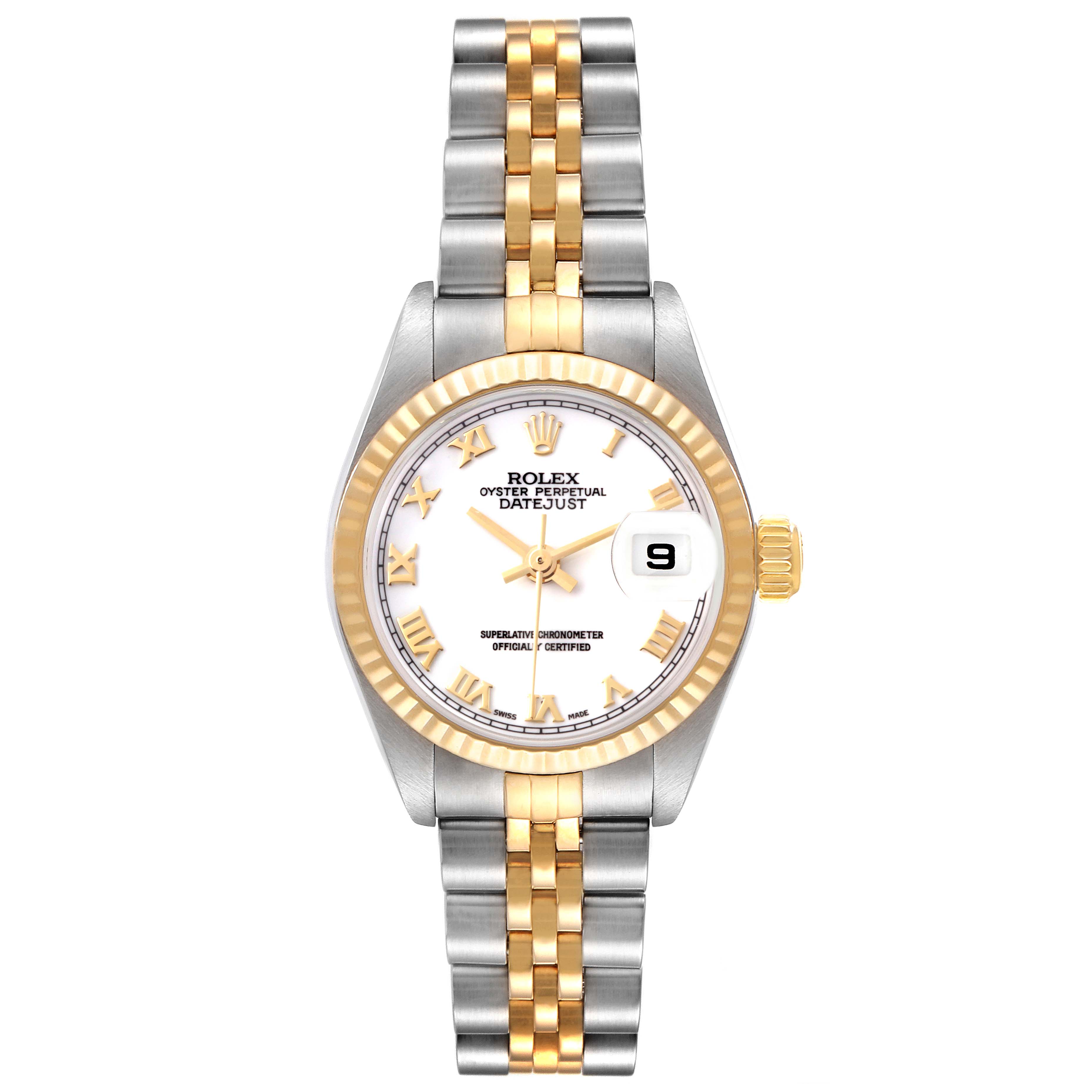 This image shows a front view of a Rolex Datejust 79173 Women's Steel and Gold (two tone) White Dial 79173 Women's Steel and Gold (two tone) White Dial, displaying the dial, bezel, crown, and two-tone bracelet.