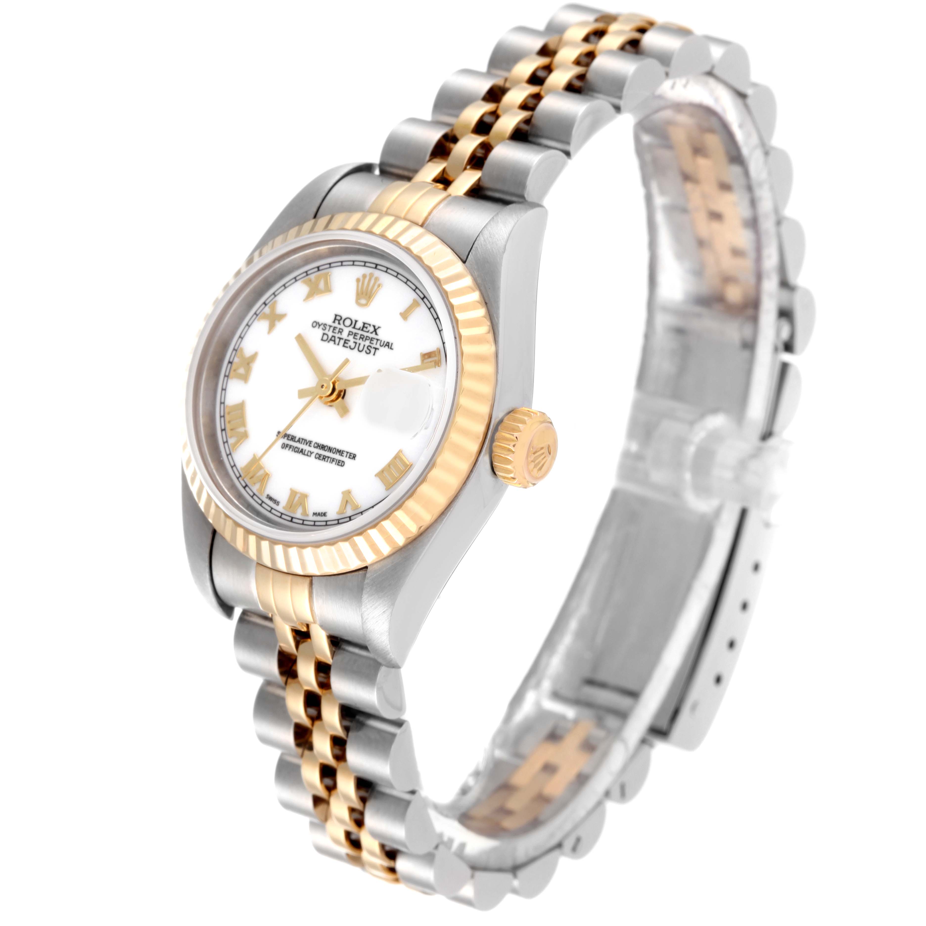 The image shows a side angle of the Rolex Datejust 79173 Women's Steel and Gold (two tone) White Dial 79173 Women's Steel and Gold (two tone) White Dial watch, featuring the dial, bezel, crown, and part of the bracelet.