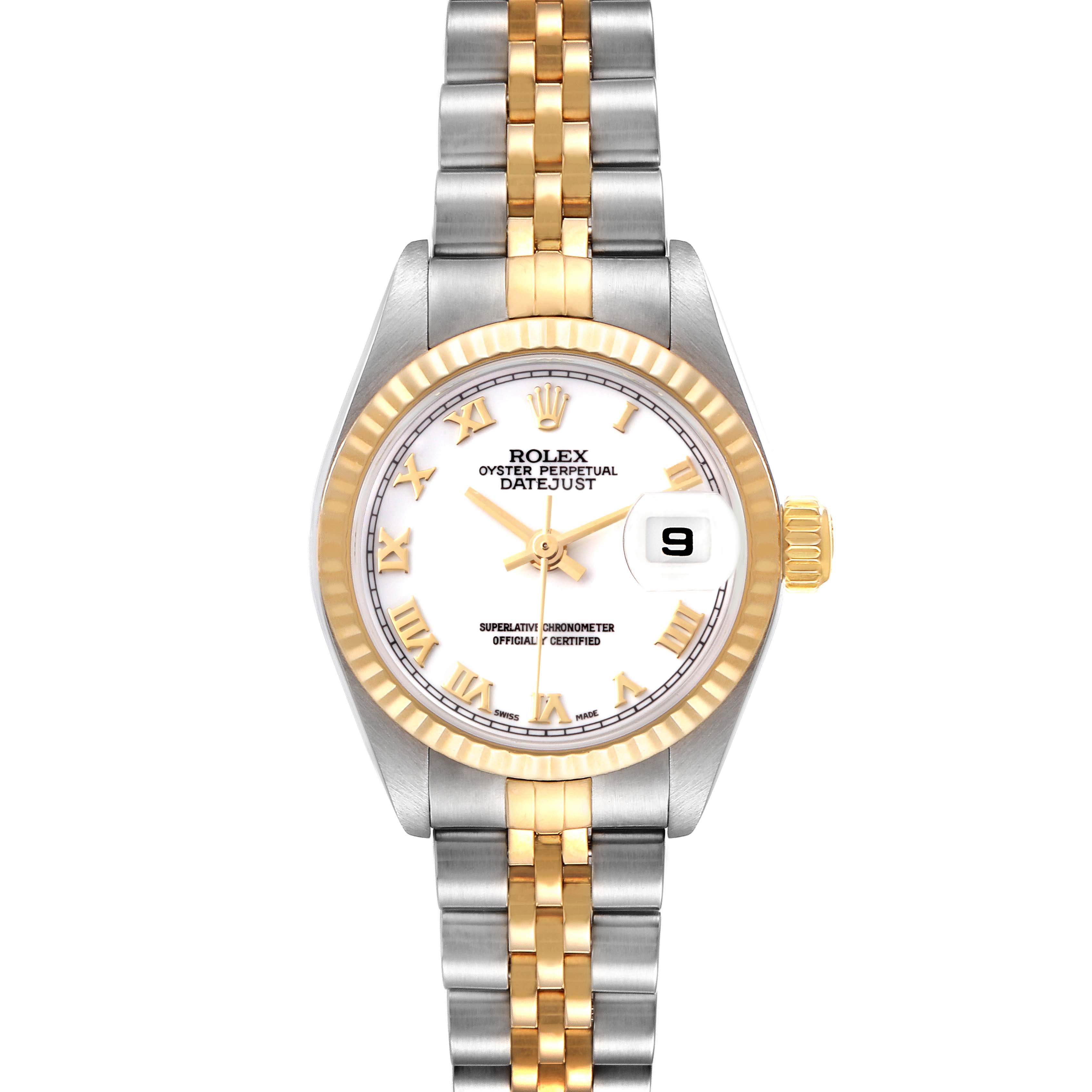 The Rolex Datejust 79173 Women's Steel and Gold (two tone) White Dial 79173 Women's Steel and Gold (two tone) White Dial watch is shown from a straight-on angle, displaying its dial, bezel, and bracelet.