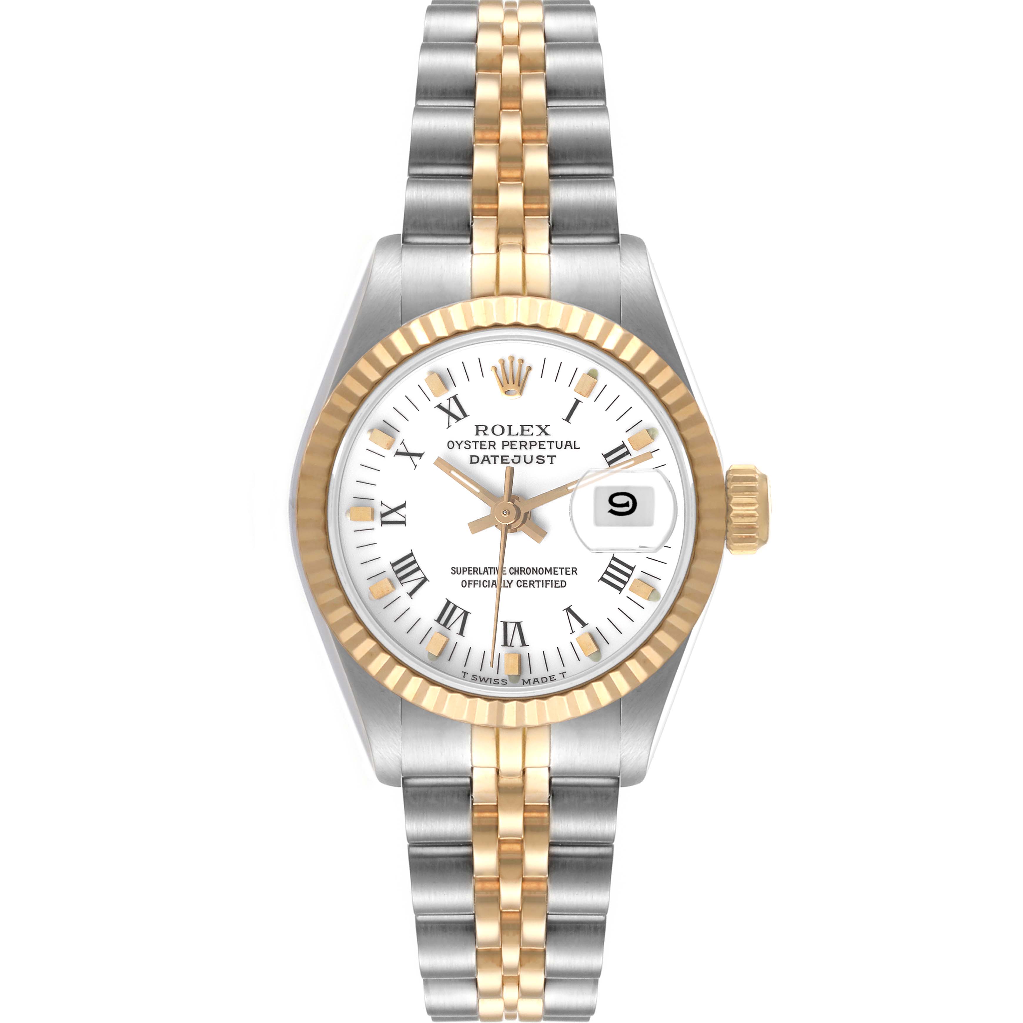The image shows a frontal view of a Rolex Datejust 69173 Women's Steel and Gold (two tone) White Dial 69173 Women's Steel and Gold (two tone) White Dial watch featuring a silver and gold bracelet, gold bezel, and white dial with a date display.