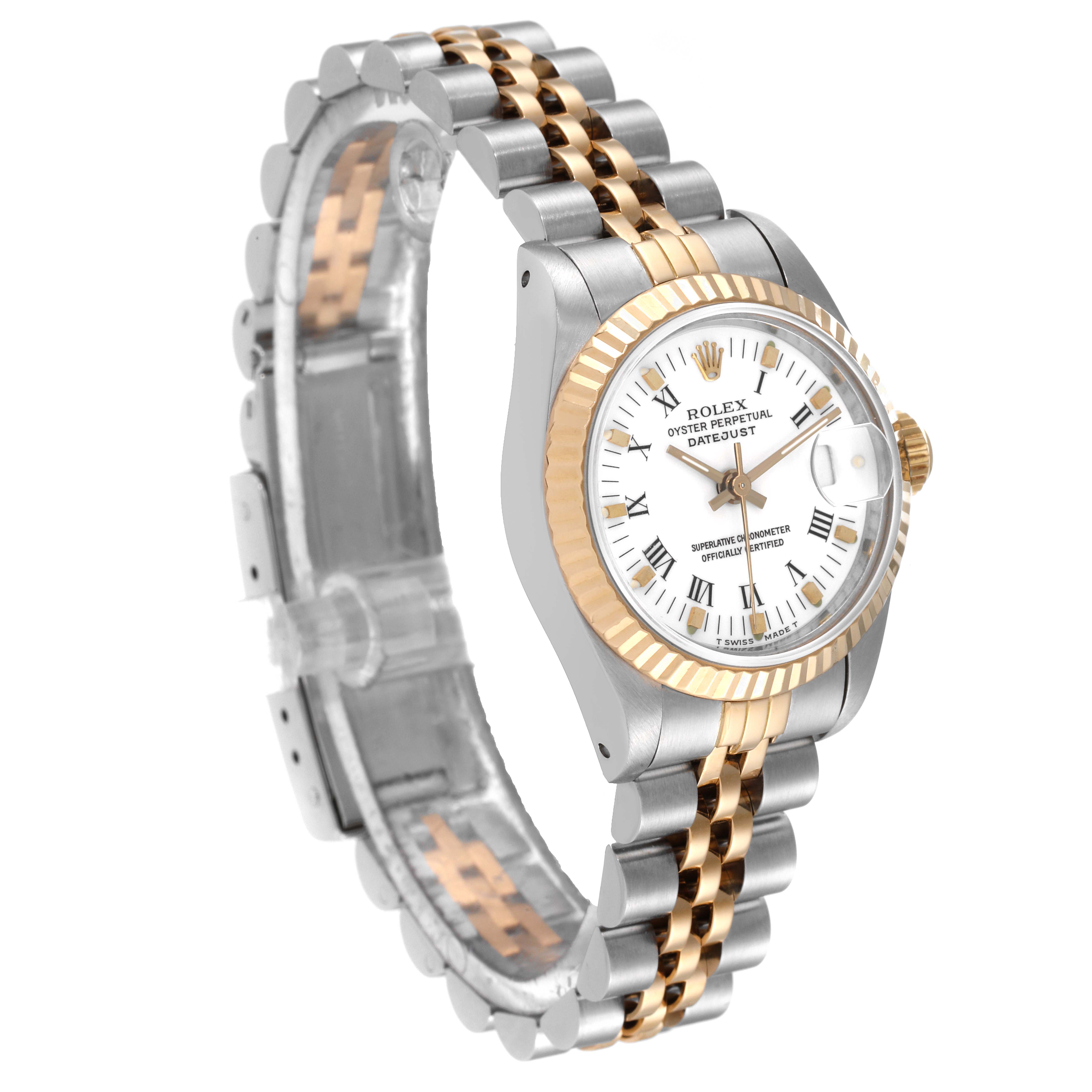 The image shows a Rolex Datejust 69173 Women's Steel and Gold (two tone) White Dial 69173 Women's Steel and Gold (two tone) White Dial watch at an angle highlighting its two-tone bracelet, fluted bezel, and white dial.