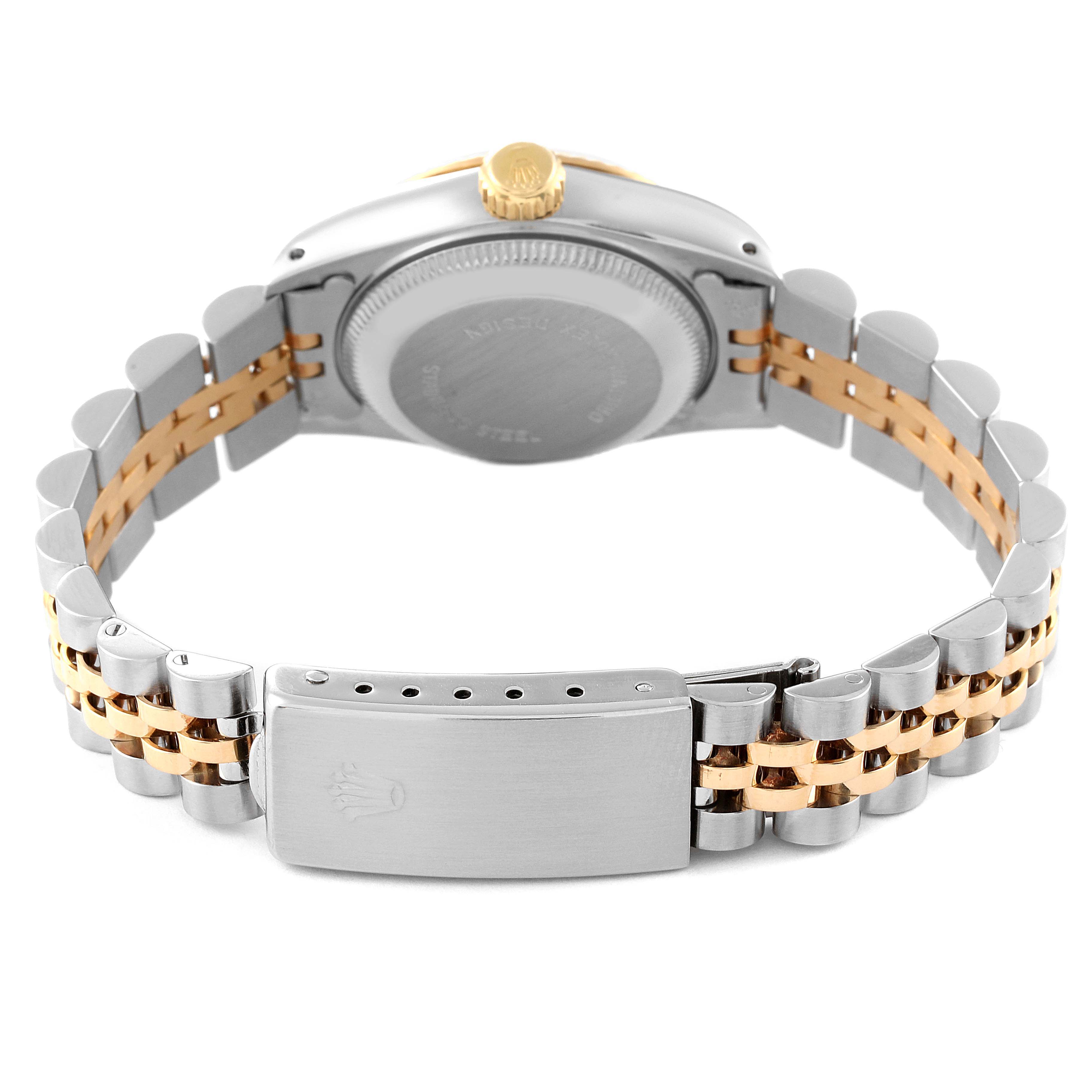 The image shows the back view of a Rolex Datejust 69173 Women's Steel and Gold (two tone) White Dial 69173 Women's Steel and Gold (two tone) White Dial watch, highlighting the clasp, bracelet, and case back.