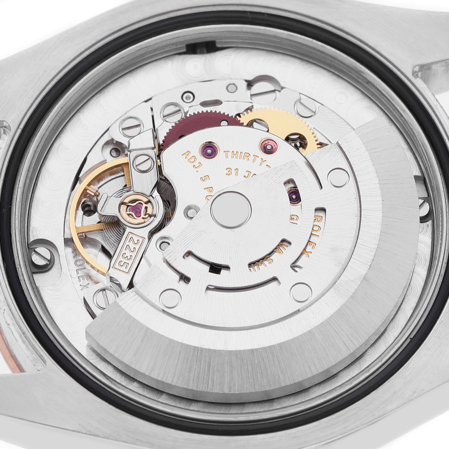 The image shows the open back view of a Rolex Datejust 178241 Women's Steel and Gold (two tone) Mother of Pearl Dial, highlighting the movement and rotor mechanism.