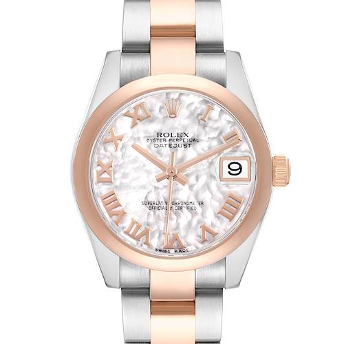 The Rolex Datejust 178241 Women's Steel and Gold (two tone) Mother of Pearl Dial watch is shown from the front, displaying the dial, hands, date window, and bracelet.