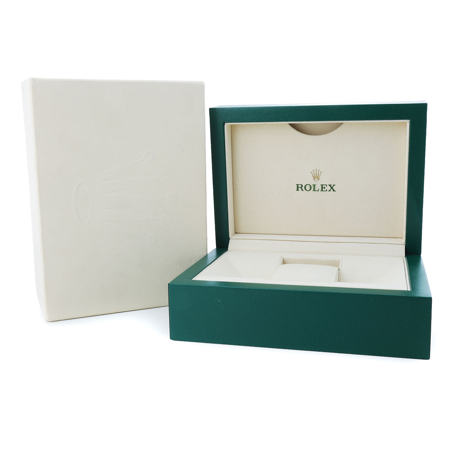 The image shows an open Rolex Datejust 178241 Women's Steel and Gold (two tone) Mother of Pearl Dial watch box with a visible logo, showcasing the exterior and interior compartments.