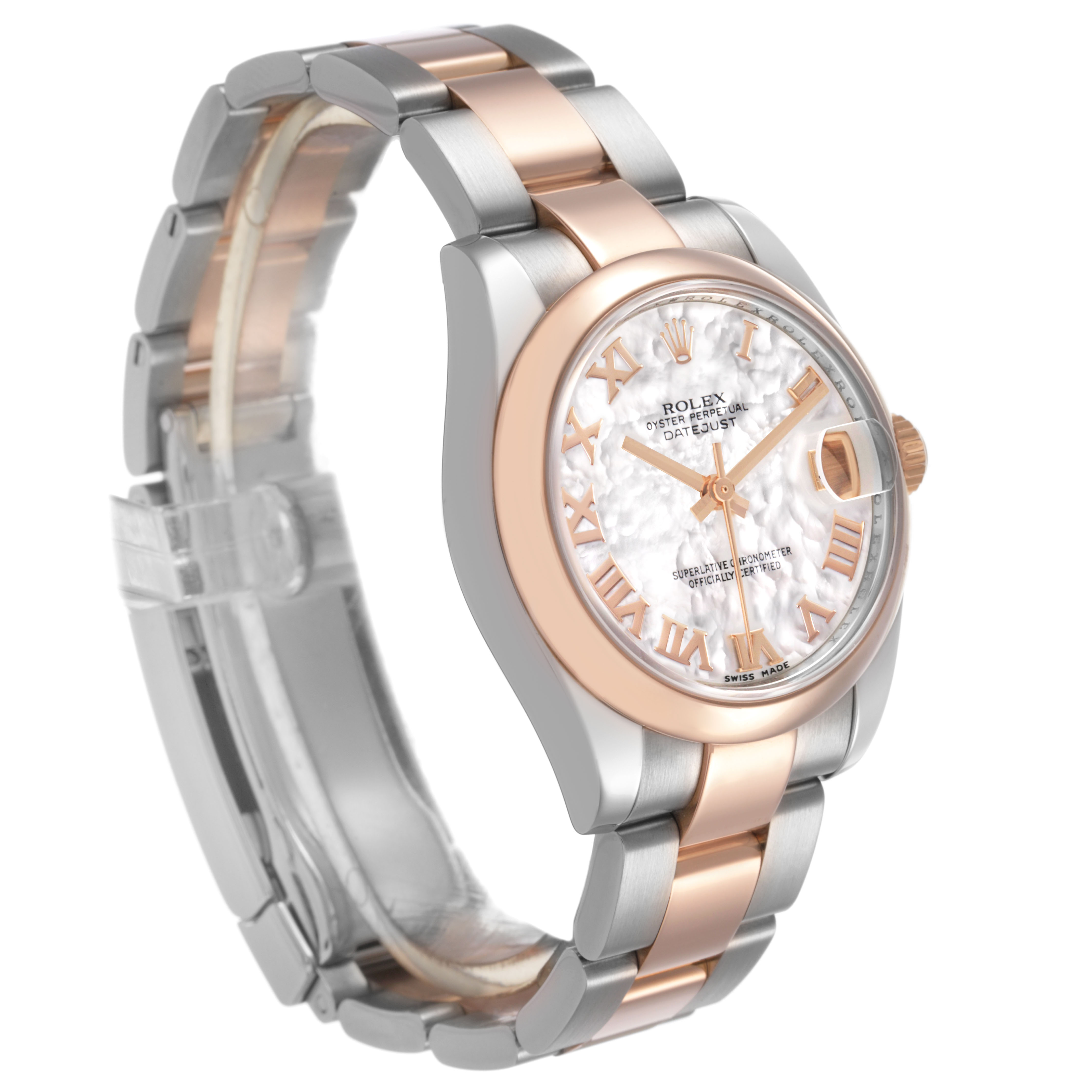 The Rolex Datejust 178241 Women's Steel and Gold (two tone) Mother of Pearl Dial watch is shown at a three-quarter angle, highlighting the face, bezel, crown, and bracelet.