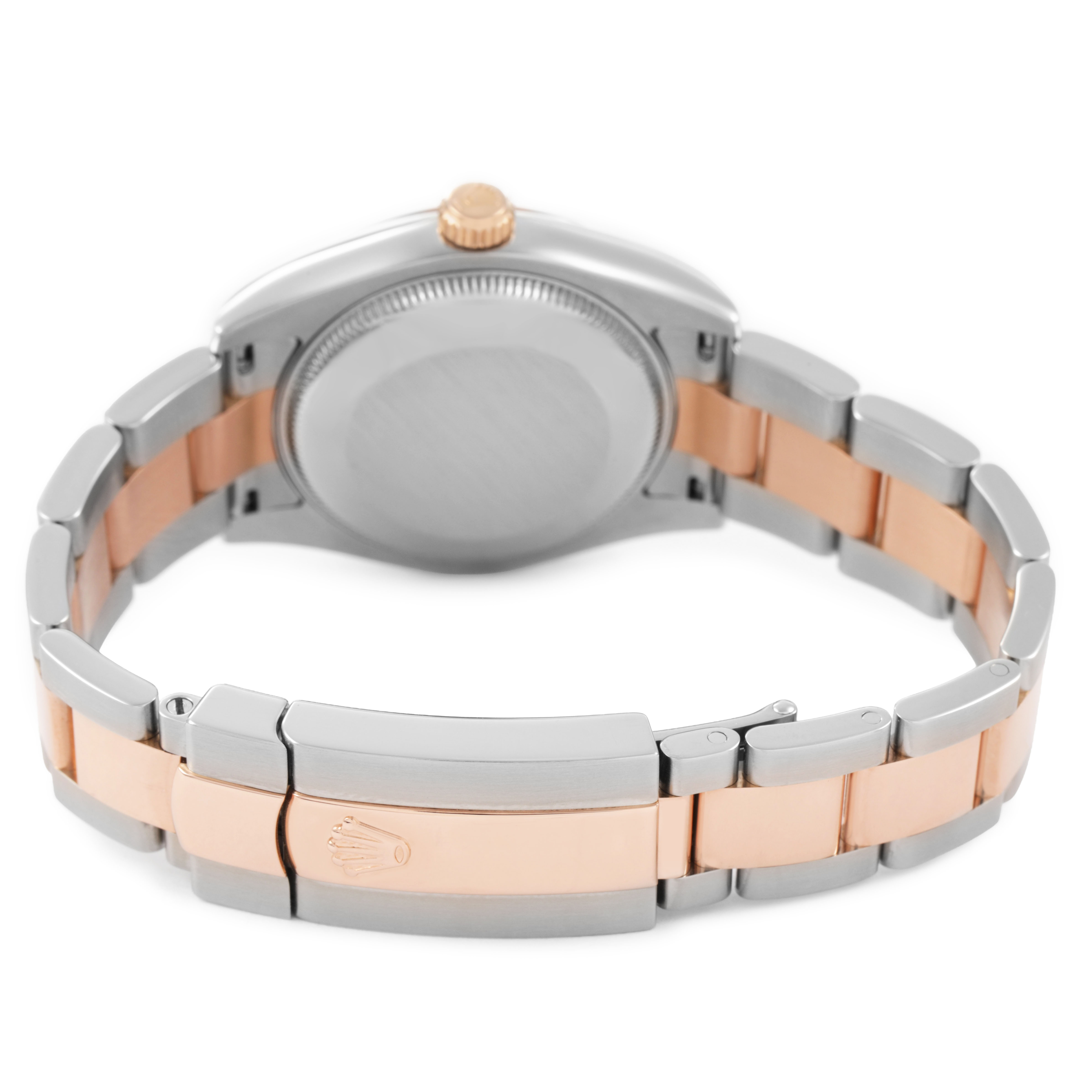 The image shows a Rolex Datejust 178241 Women's Steel and Gold (two tone) Mother of Pearl Dial watch viewed from the back, highlighting the clasp and two-tone bracelet.