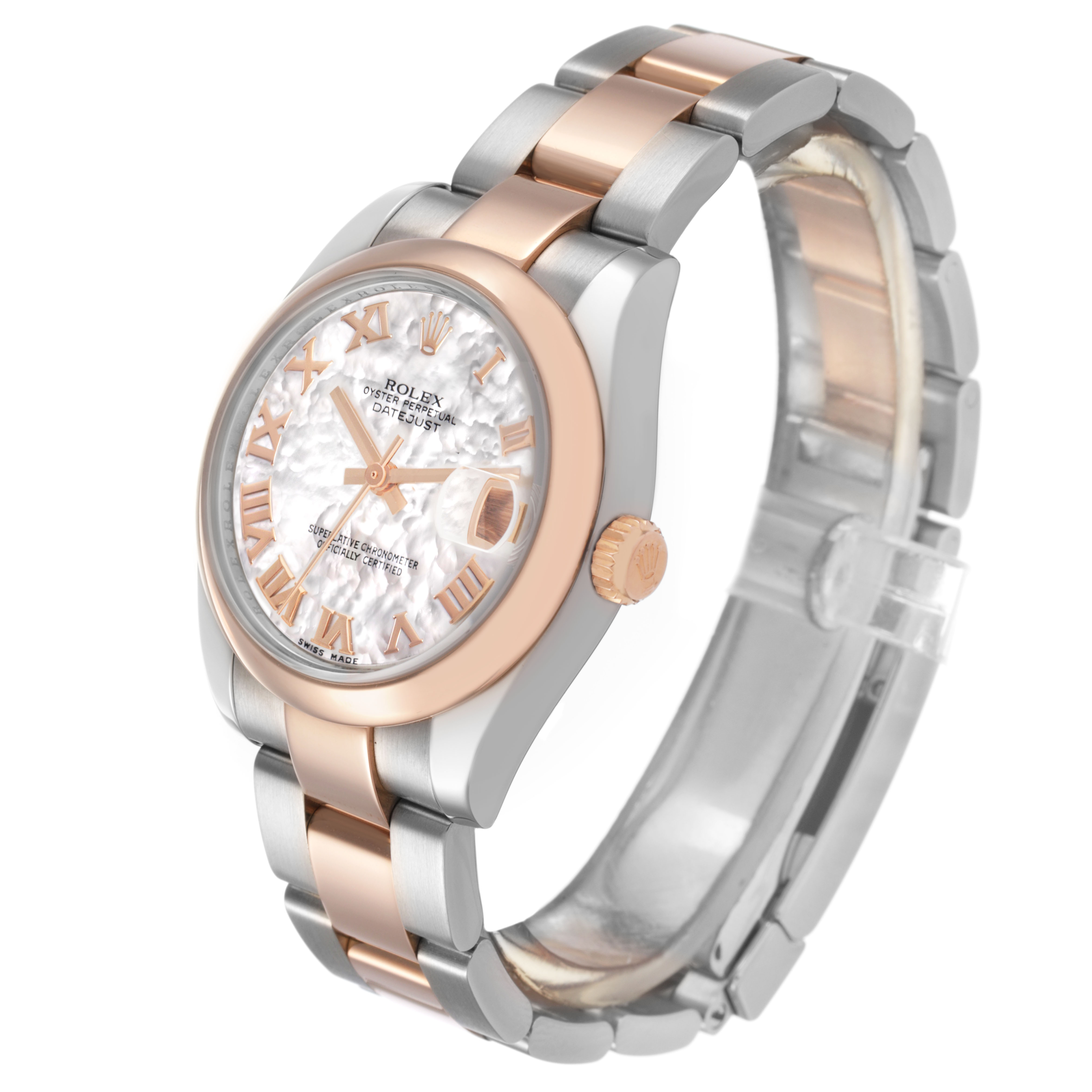 The Rolex Datejust 178241 Women's Steel and Gold (two tone) Mother of Pearl Dial watch is shown at a three-quarter angle, highlighting the face, bezel, and bracelet.