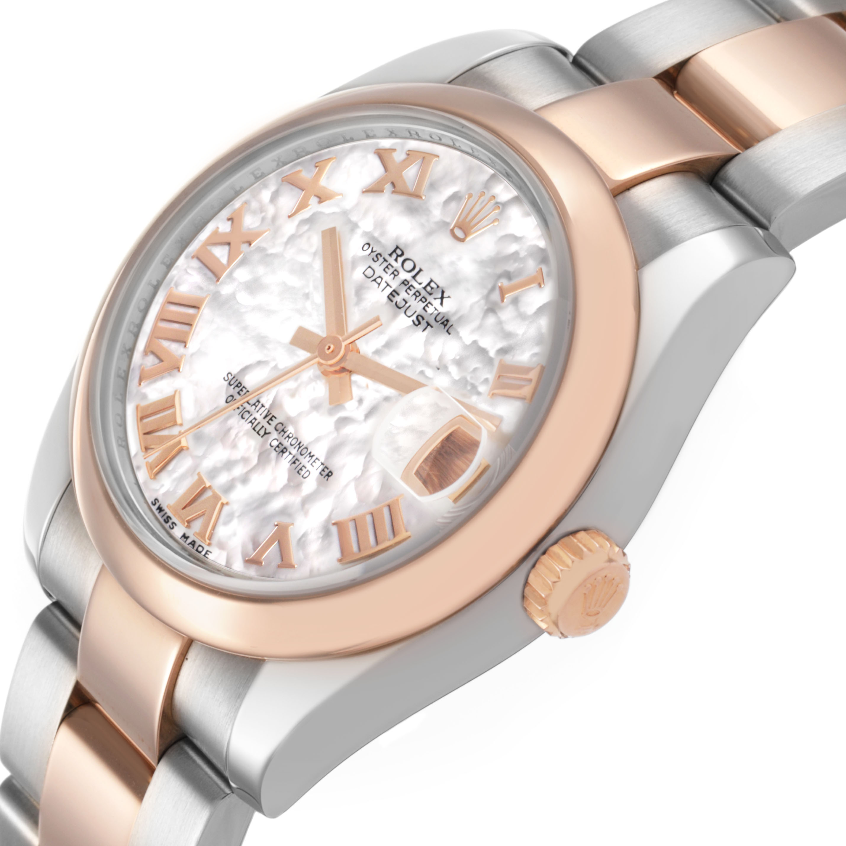 The image shows a Rolex Datejust 178241 Women's Steel and Gold (two tone) Mother of Pearl Dial watch from a side angle, displaying its dial, bezel, crown, and part of the bracelet.