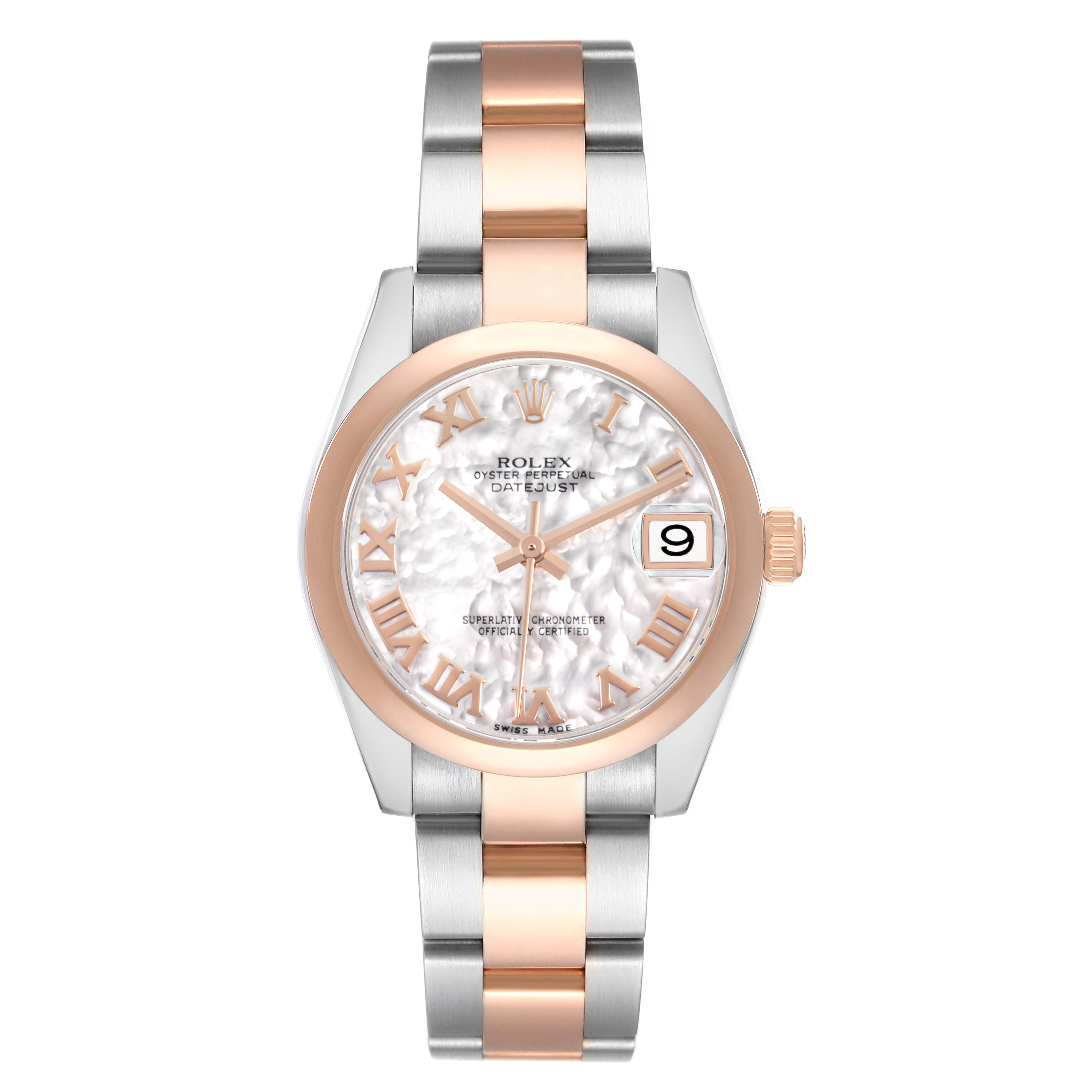 The Rolex Datejust 178241 Women's Steel and Gold (two tone) Mother of Pearl Dial watch is shown from the front, displaying the dial, bezel, and two-tone bracelet.