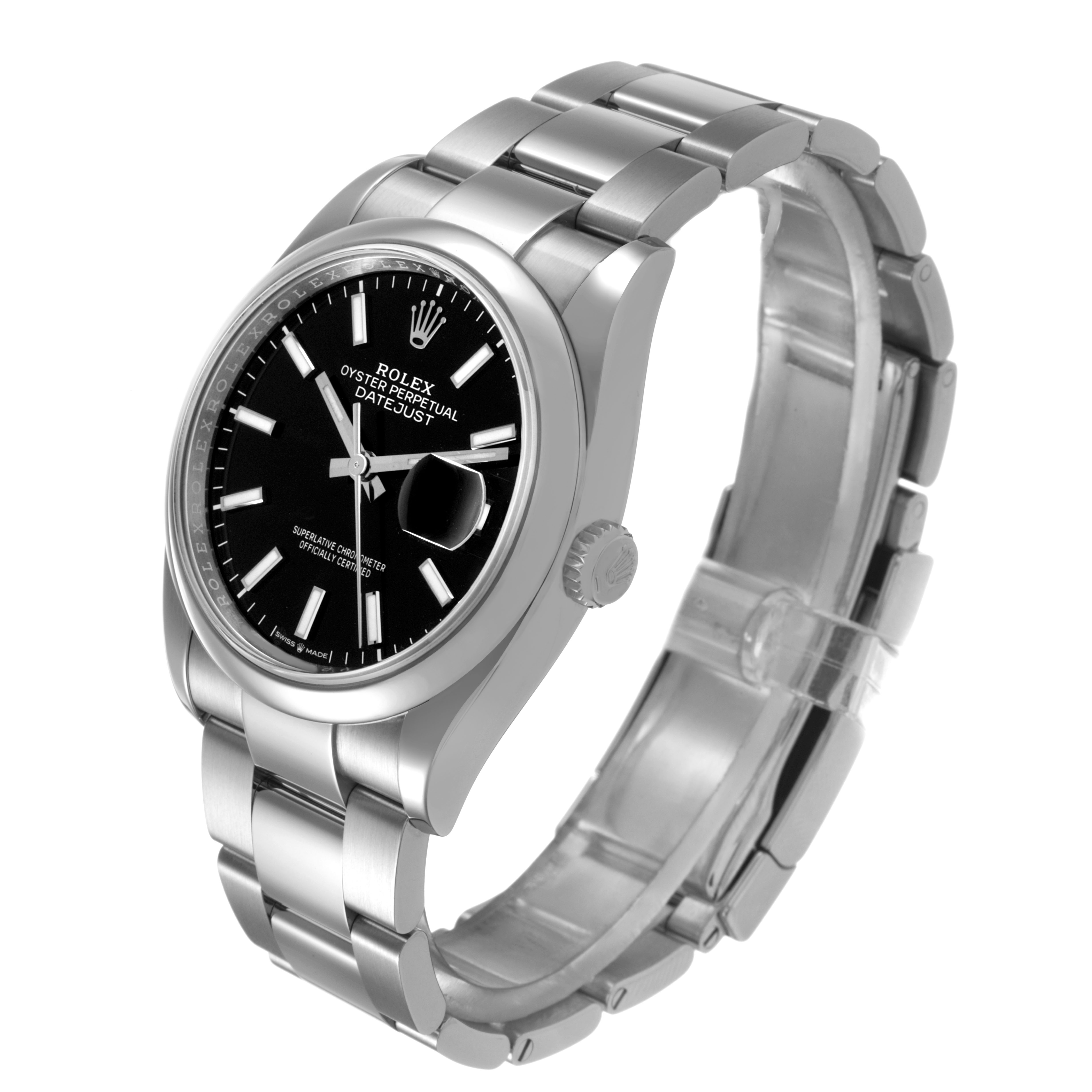 The Rolex Datejust 126200 Men's Stainless Steel Black Dial watch is shown at a three-quarter angle, displaying the face, bezel, bracelet, and crown.