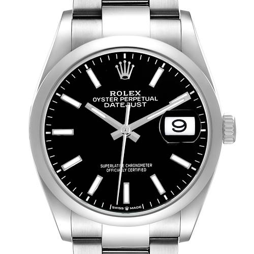 The Rolex Datejust 126200 Men's Stainless Steel Black Dial watch is shown from a front angle, highlighting the dial, hands, and date window.