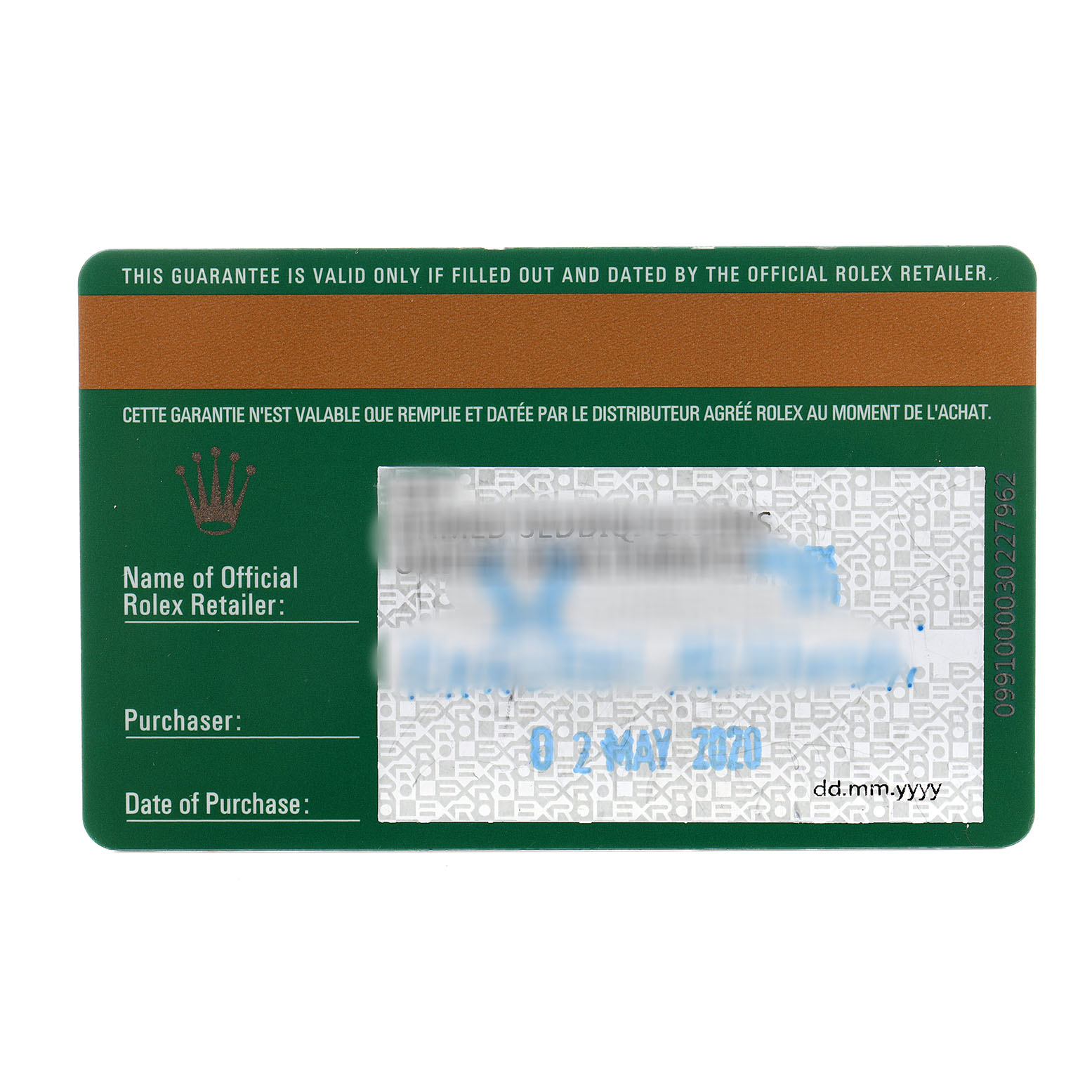 The image shows a warranty card for a Rolex Datejust 126200 Men's Stainless Steel Black Dial watch, viewed from above.