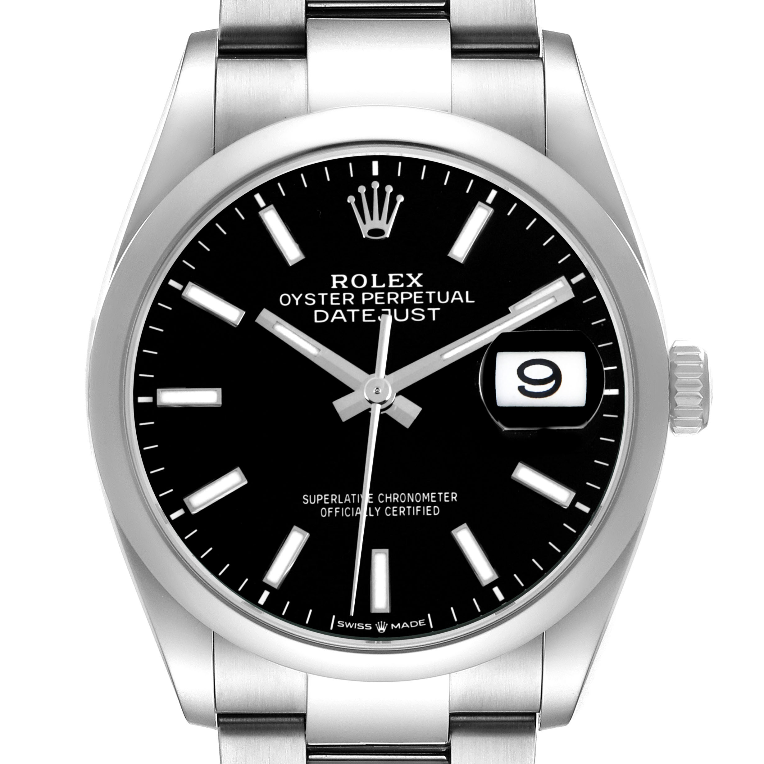 The image shows a front view of the Rolex Datejust 126200 Men's Stainless Steel Black Dial, focusing on the dial, hands, markers, and date window.