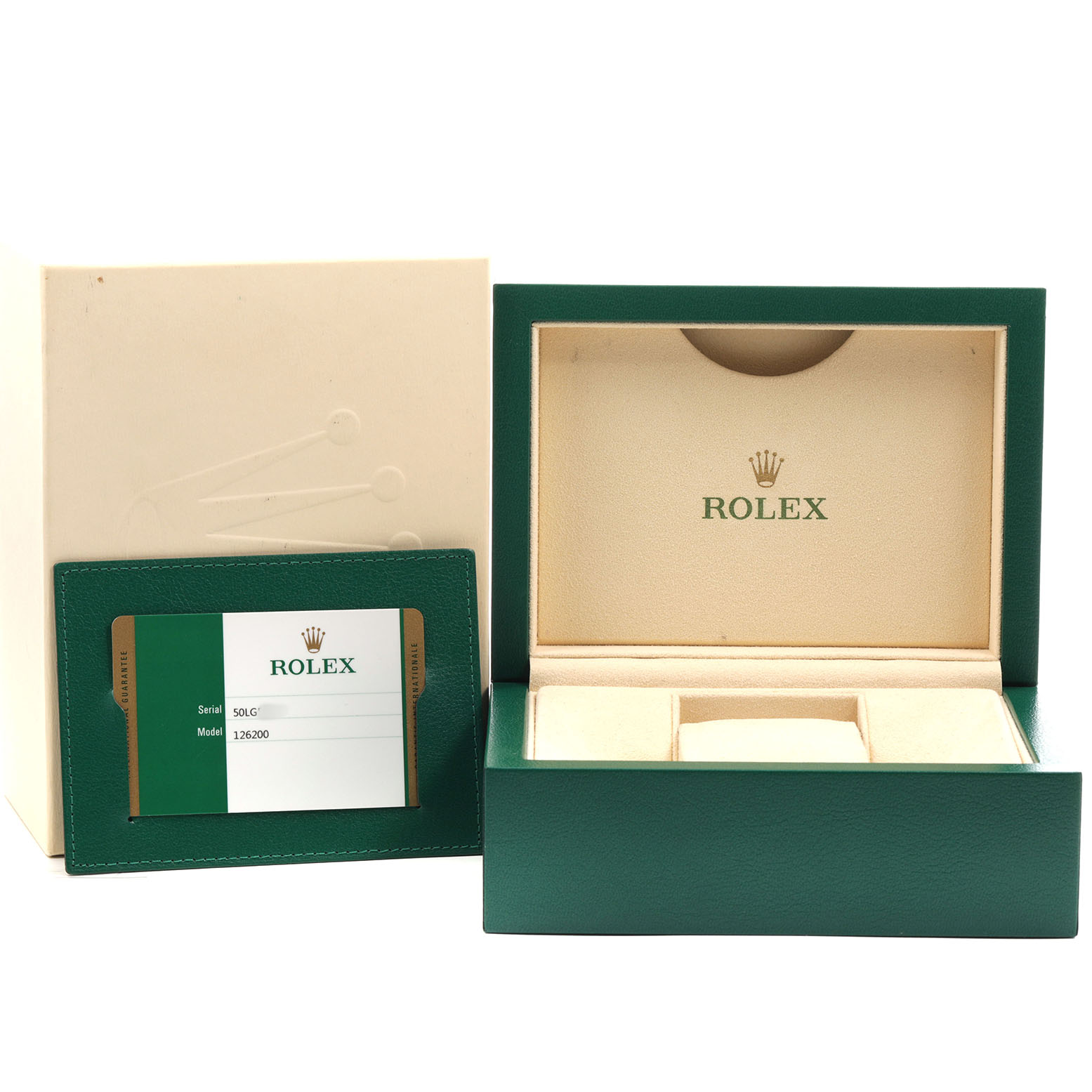 The image shows the packaging and authenticity card for a Rolex Datejust 126200 Men's Stainless Steel Black Dial watch, without the watch itself.