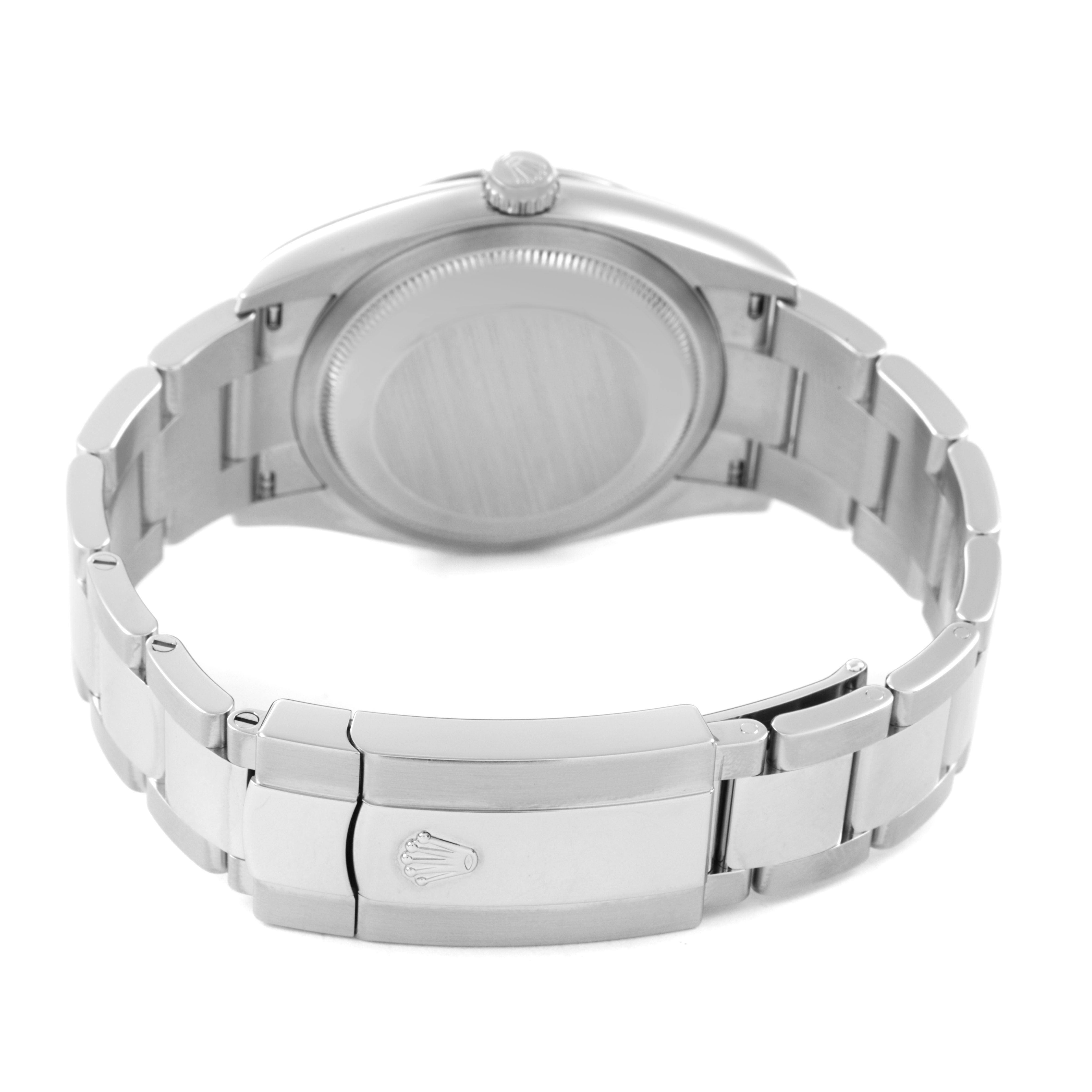 The image shows the back and bracelet of a Rolex Datejust 126200 Men's Stainless Steel Black Dial watch, focusing on the clasp and case back.