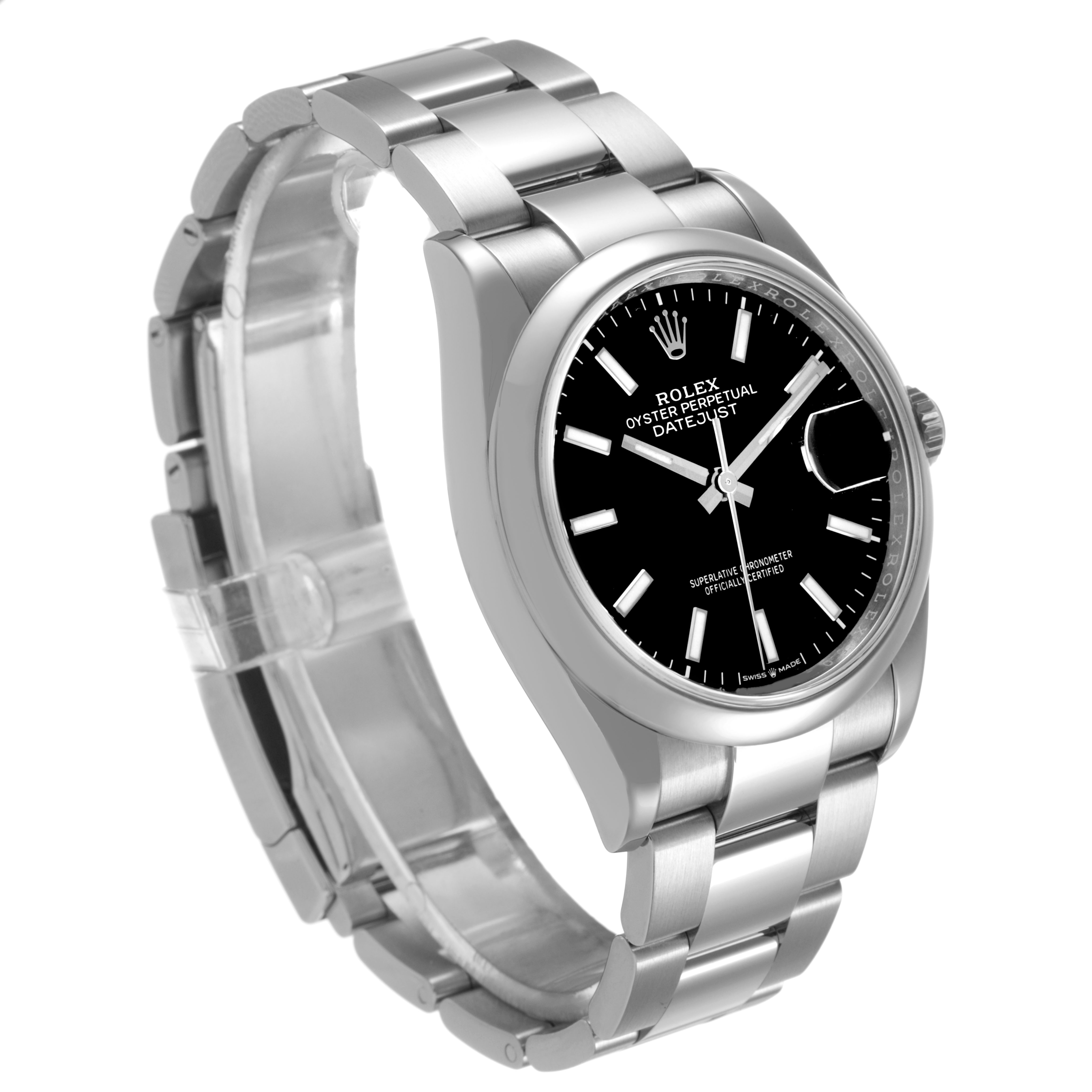 The Rolex Datejust 126200 Men's Stainless Steel Black Dial watch is shown at a three-quarter angle, displaying the bracelet, black dial, and side crown.