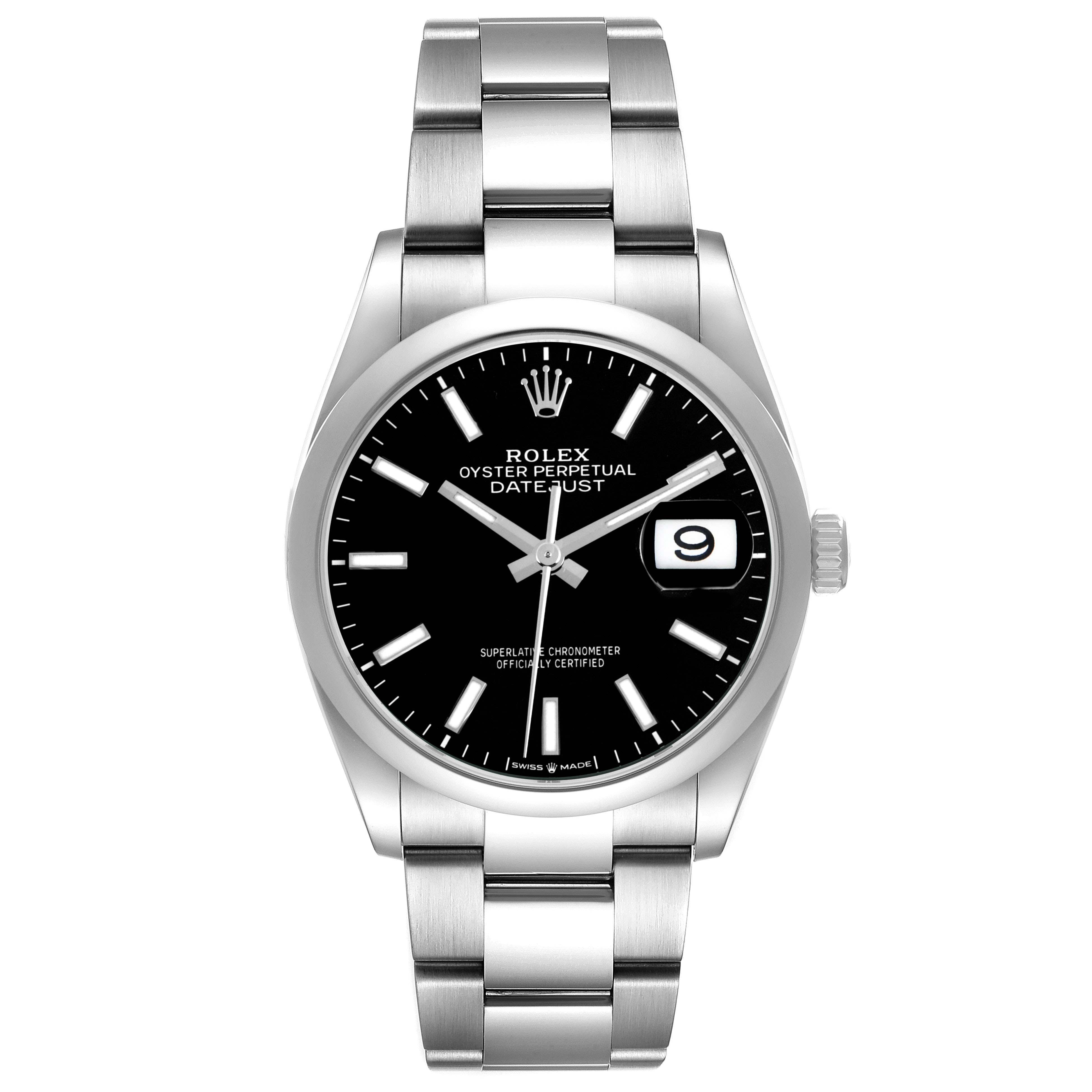 The Rolex Datejust 126200 Men's Stainless Steel Black Dial watch is shown from the front, highlighting the black dial and stainless steel bracelet.