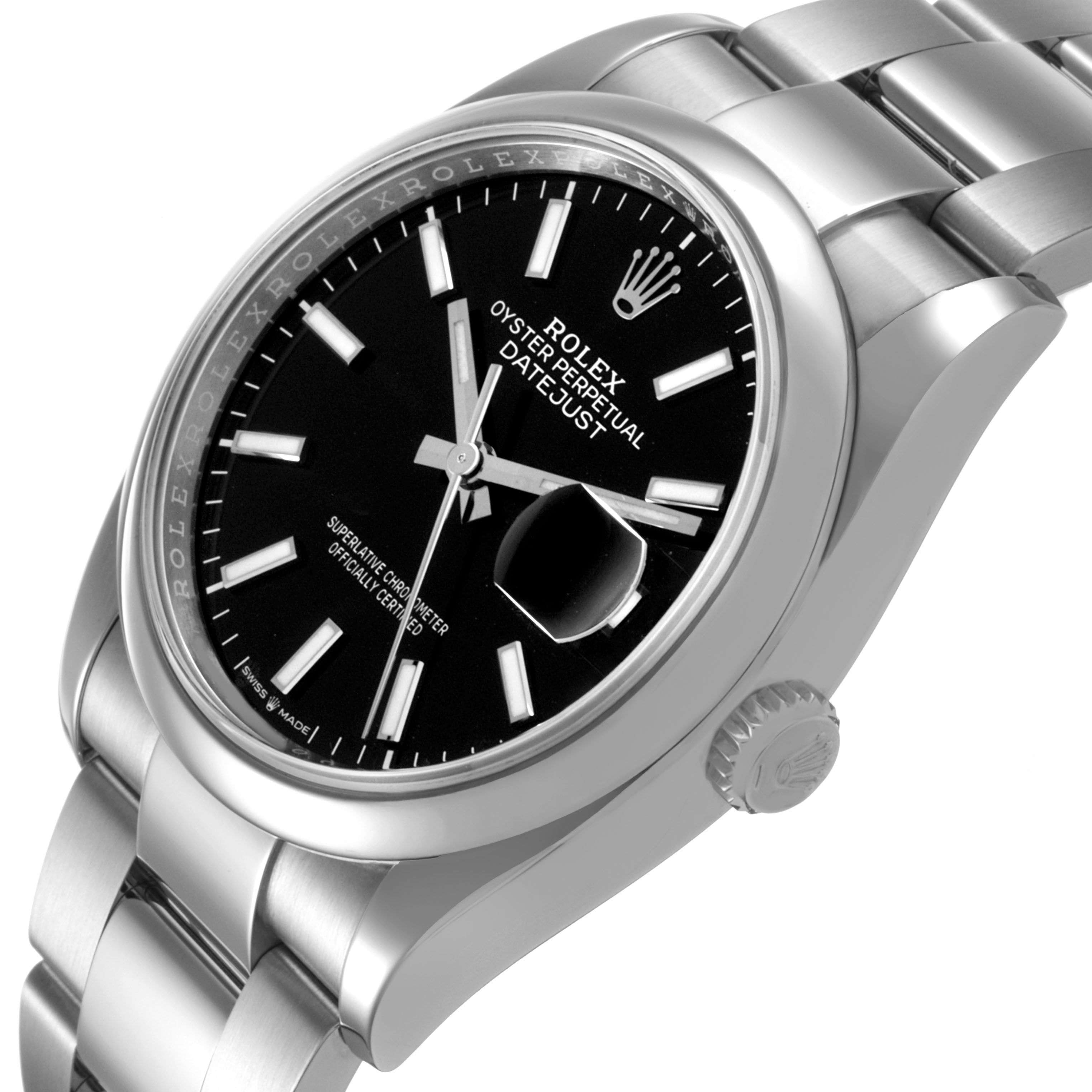 The Rolex Datejust 126200 Men's Stainless Steel Black Dial watch is shown from a slightly angled side view, highlighting the dial, bezel, crown, and part of the bracelet.