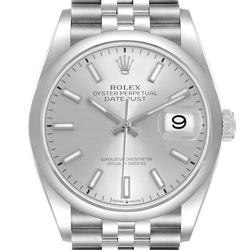 The Rolex Datejust 126200 Men's Stainless Steel Silver Dial watch is shown from a front angle, displaying the face, bezel, and part of the bracelet.