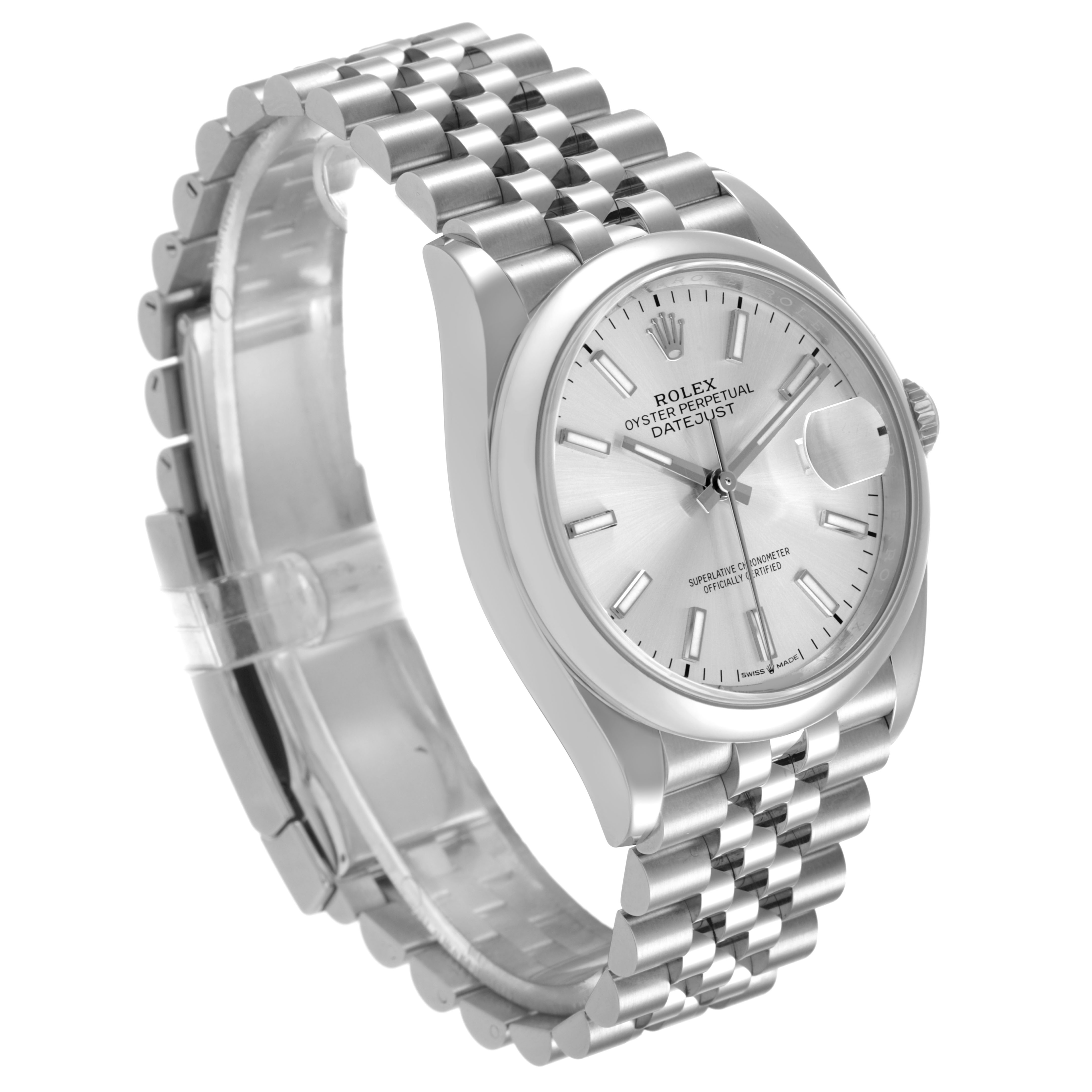 The Rolex Datejust 126200 Men's Stainless Steel Silver Dial watch is shown at a three-quarter angle, displaying the dial, bezel, case, and bracelet.