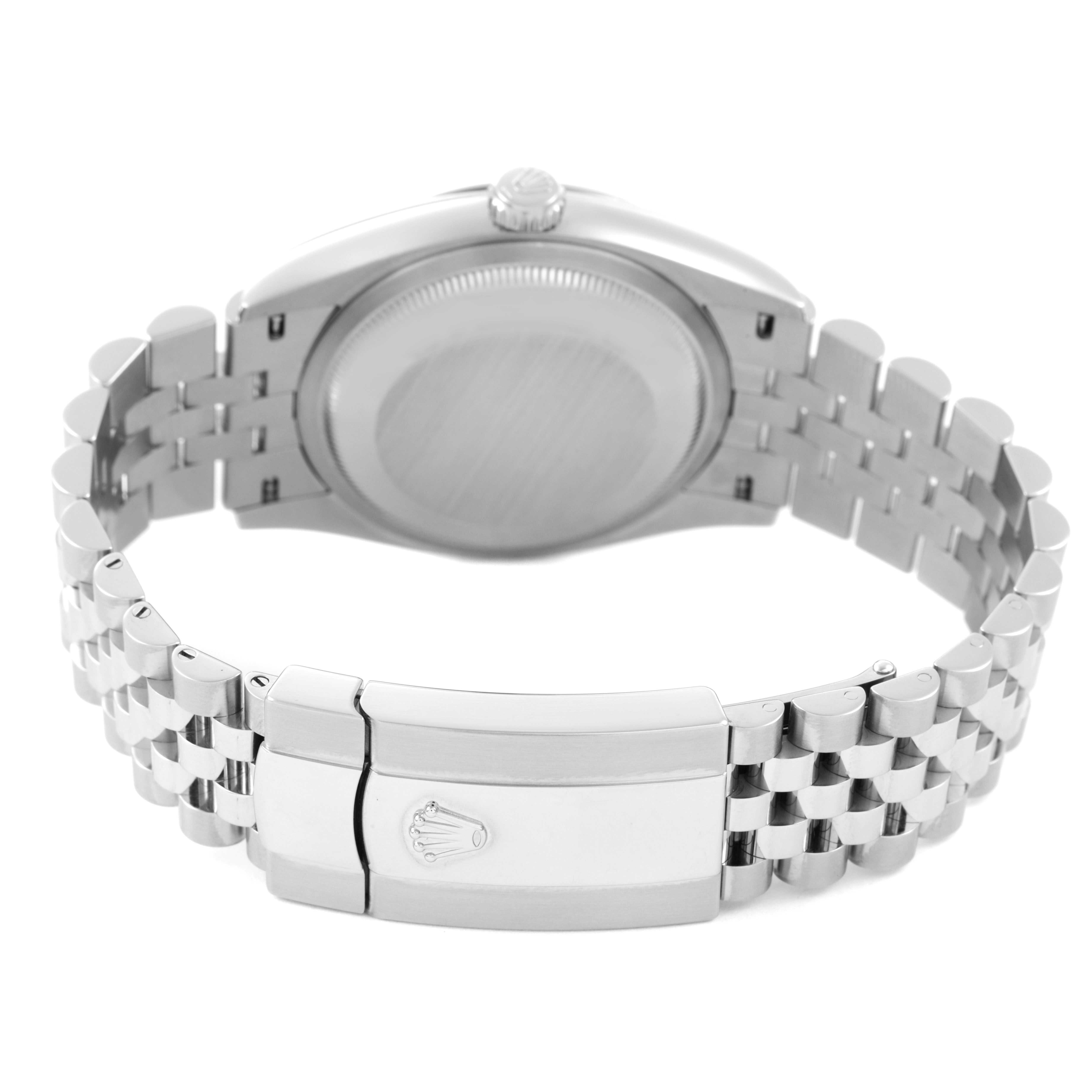 The image shows the back of a Rolex Datejust 126200 Men's Stainless Steel Silver Dial, focusing on the closed clasp and bracelet.