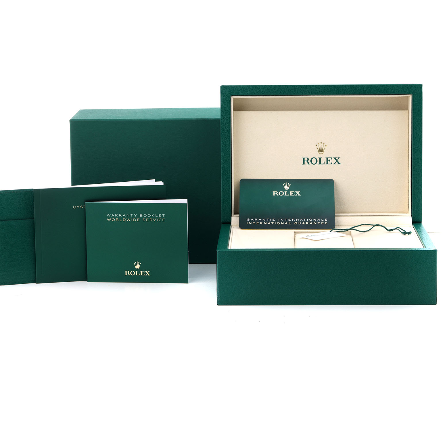 The image shows the packaging and accessories for the Rolex Datejust 126200 Men's Stainless Steel Silver Dial, including the box, warranty booklet, and guarantee card.